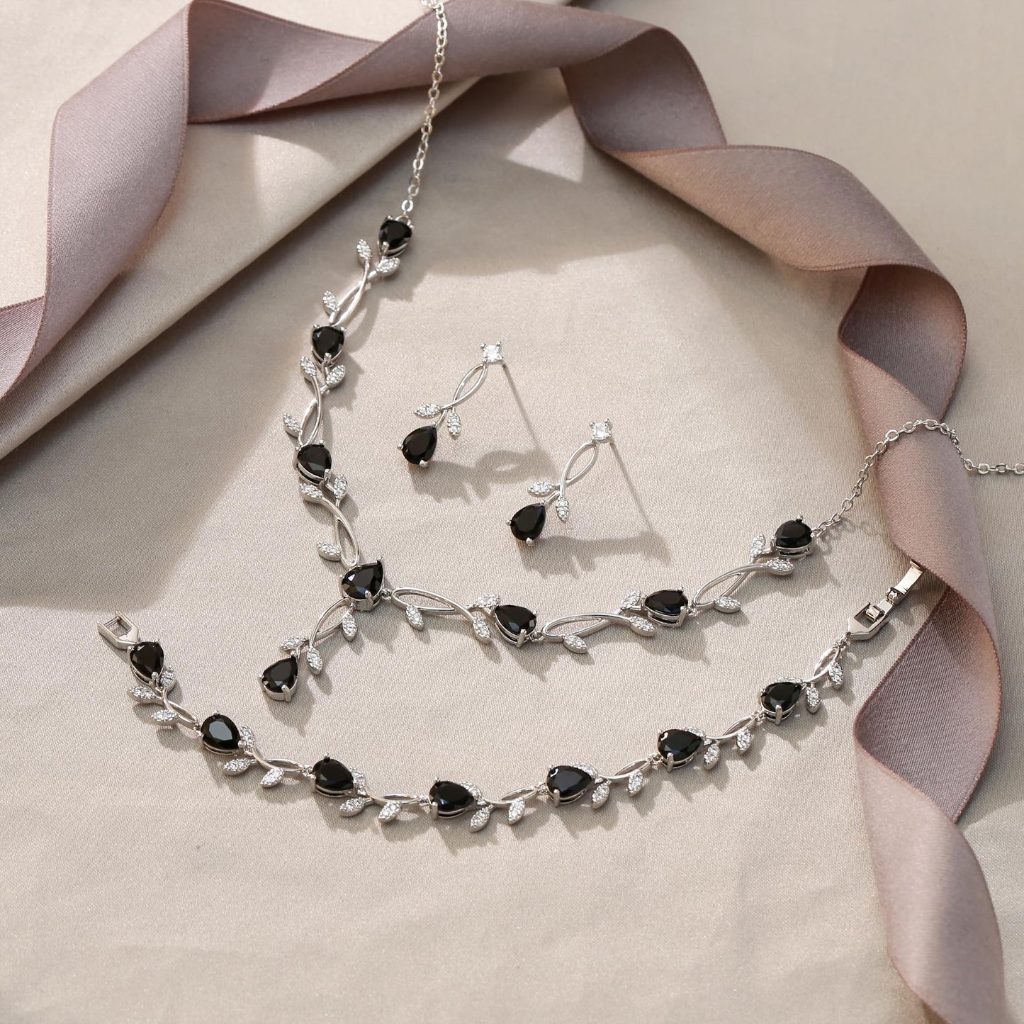 EVER FAITH Prom Party Jewelry Set for Bride Bridesmaid, Black Teardrop Cubic Zirconia Leaf Vine Bridal Necklace Dangle Earrings Bracelet Sets for Women