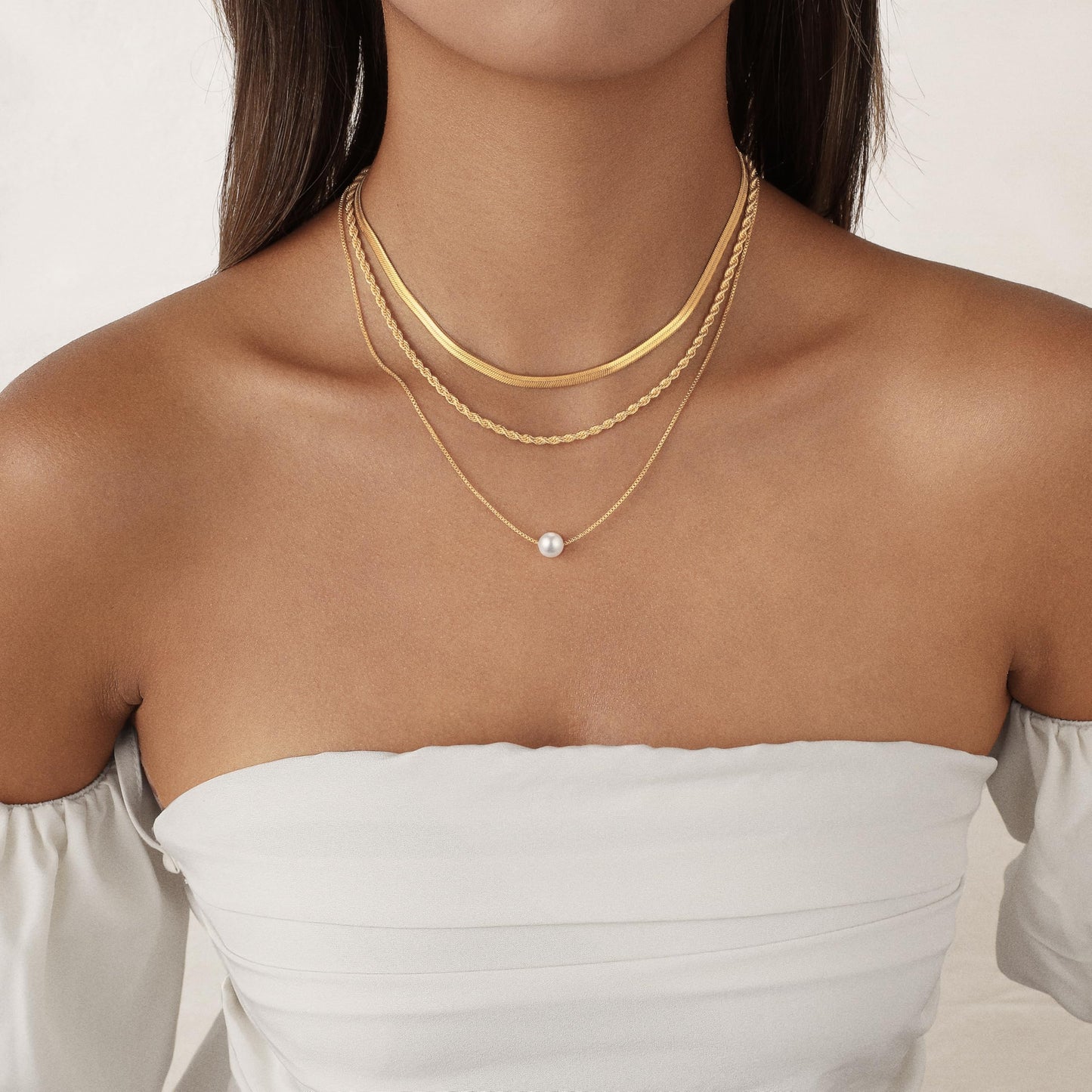 Hothrty Gold Pearl Necklaces for Women Dainty 14K Gold Plated Herringbone Twisted Chain Choker Necklace Set Layered Gold Necklace Stack Trendy Simple Jewelry Set