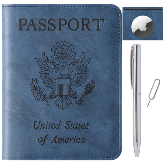 Airtag Passport Holder for Travel Essentials Wallet Rfid Blocking Cover Leather Case Vacation Travel Accessories for Women Men (601#Blue)