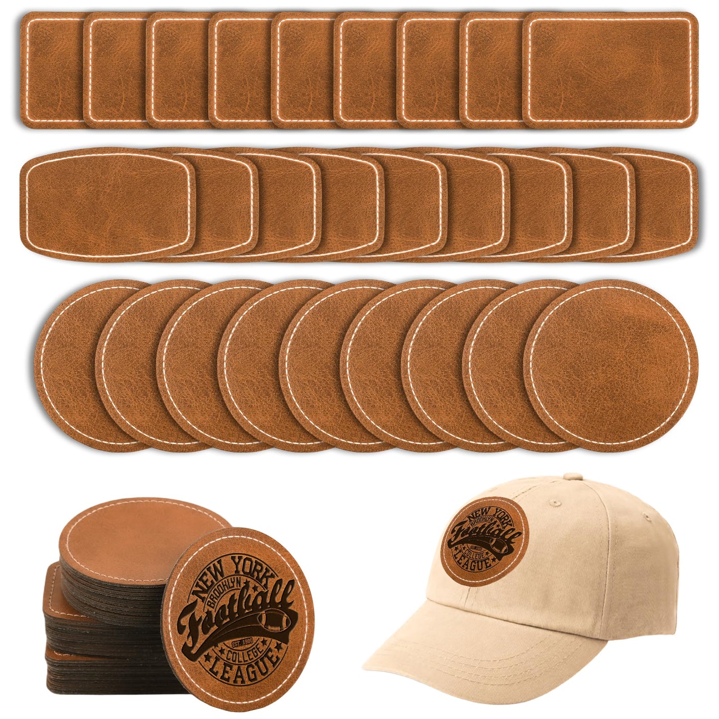 BUVKHMX Faux Leather & Leatherette Hat Patches - 60 Pack Blank Laserable Patches with Adhesive Backing for Customization, Fabric Repair, Sewing & Laser Engraving Supplies (Brown)