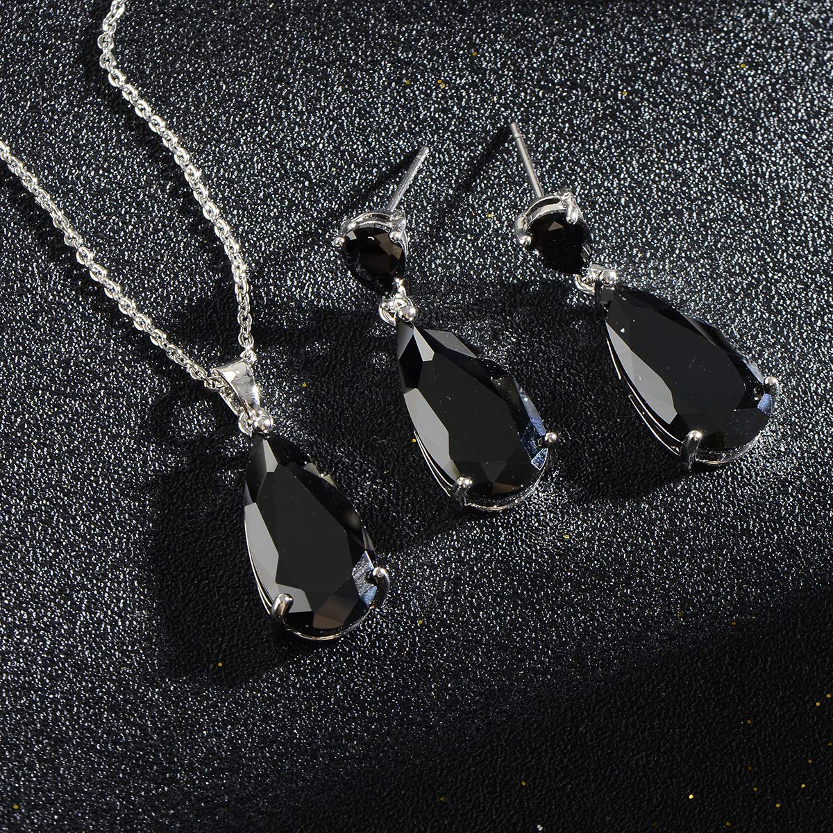 Mycitta Black Jewelry Set for Women - Formal 14k White Gold Plated Teardrop Cubic Zirconia Crystal CZ Rhinestone Drop Earrings and Pendant Necklace Set for Prom Party