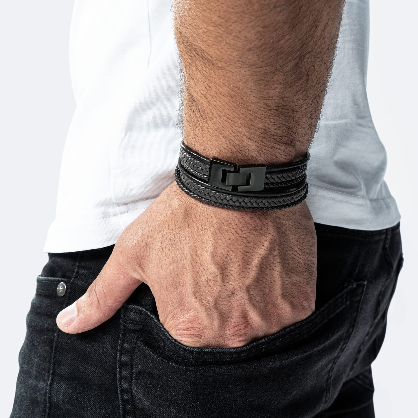 SERASAR 46cm Pulseras para Hombres Black Leather Bracelets for Men Brown Cowhide Gift Box Braided Bracelet Stainless Steel Jewelry Wrist Band Chain Rope Bangle regalo