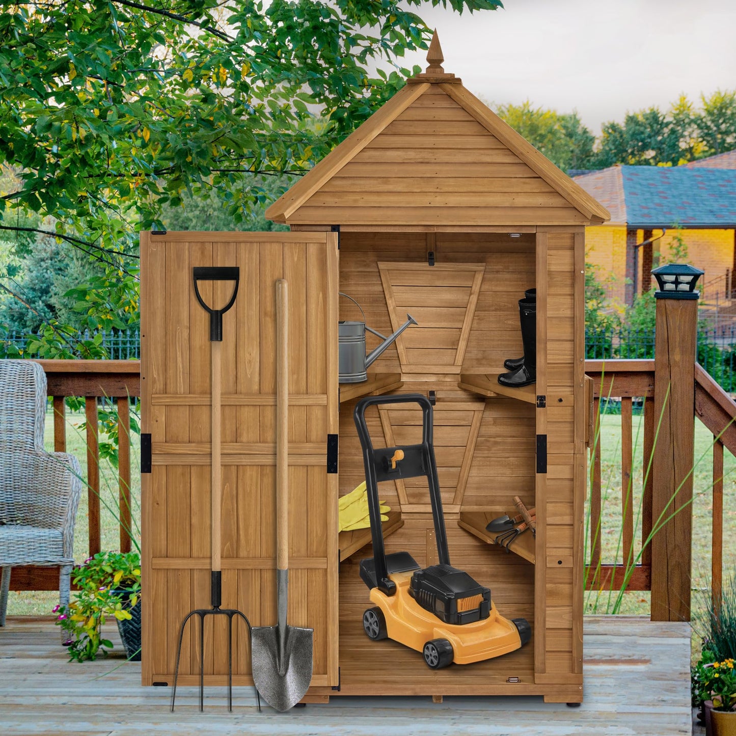 MCombo Large Outdoor Storage Cabinet with 6 Shelves (2.9 x 2.9 x 8.1 ft), Wood Storage Shed, Garden Shed with 2 Foldable Tables for Patio Yard Lawn, 2645