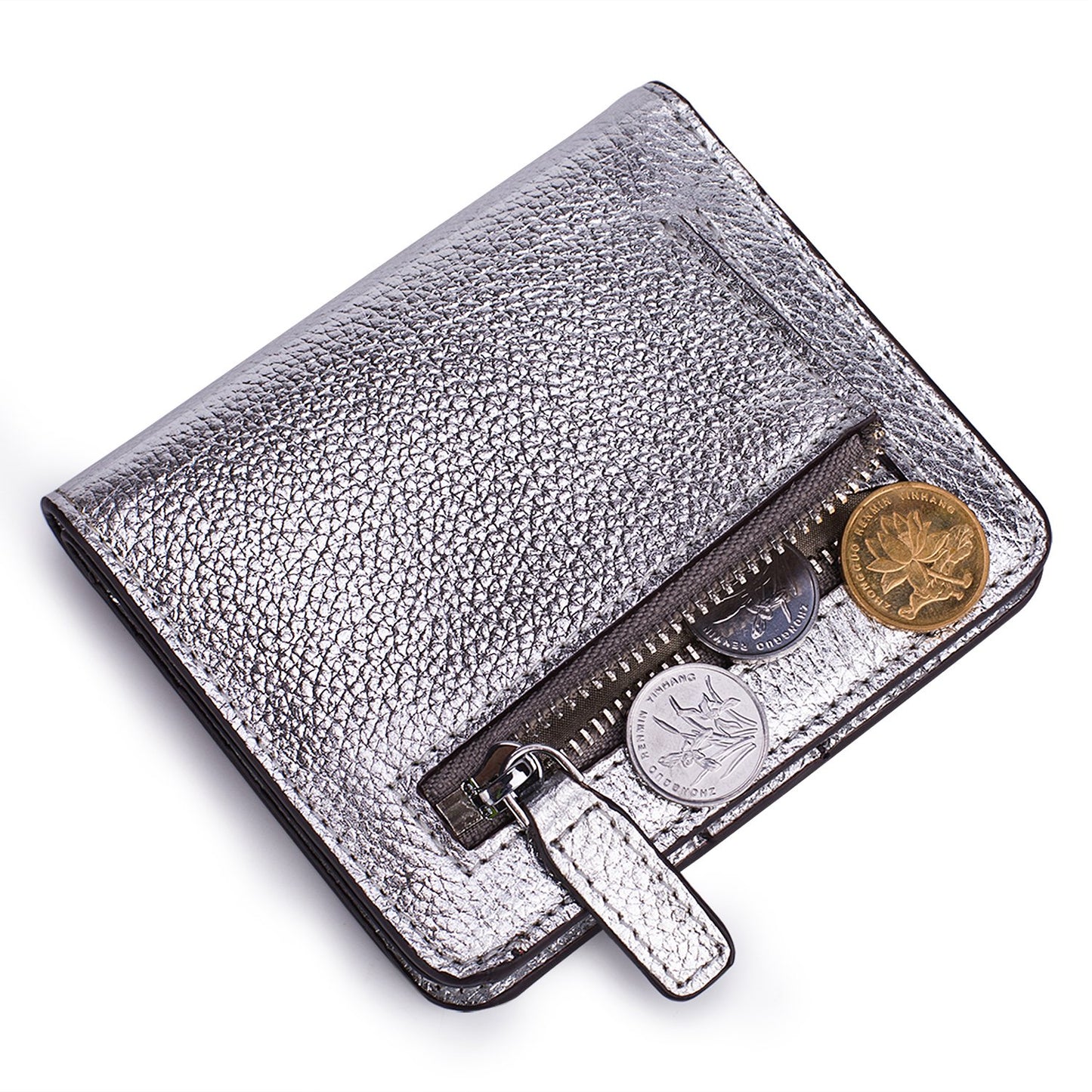 AINIMOER Small Leather Wallet for Women, Ladies Credit Card Holder RFID Blocking Women's Mini Bifold Pocket Purse, Silver