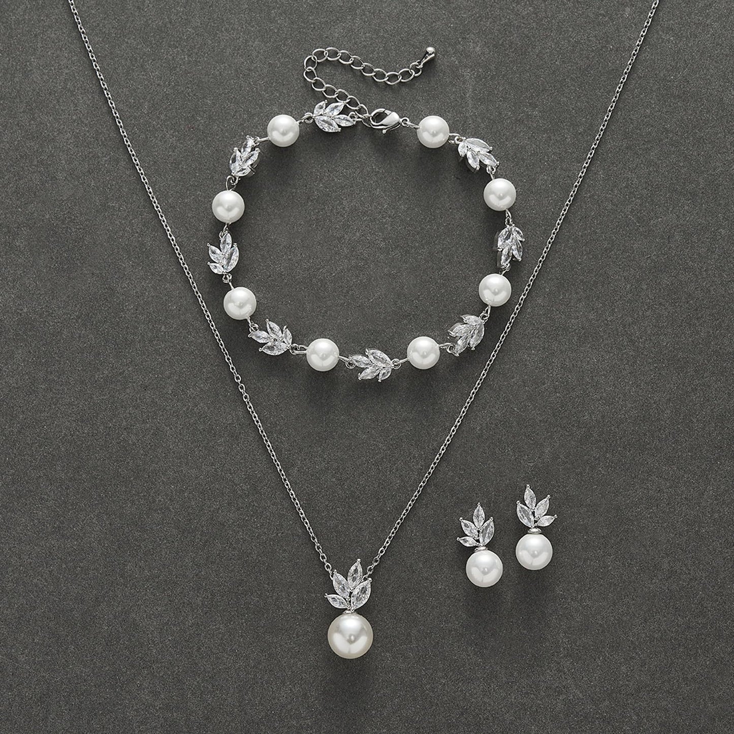 SWEETV Bridal Jewelry Set for Wedding, Cubic Zirconia Pearl Floral Bridal Earrings Necklace Bracelet Set, Silver Jewelry Set for Bride Women