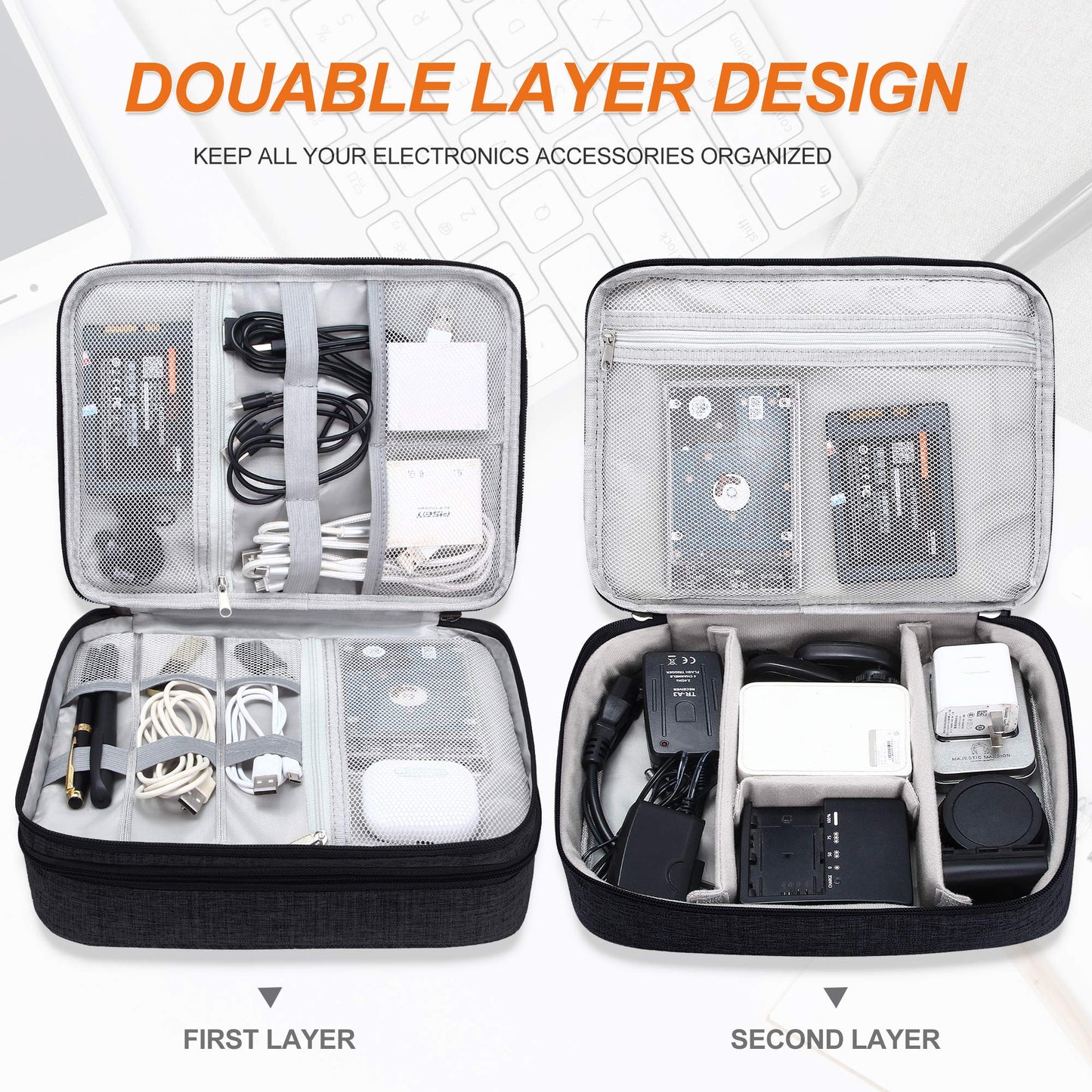 SELLYFELLY Electronic Bag Travel Cable Accessories Bag Waterproof Double Layer Electronics Organizer Portable Storage Case for Cable, Cord, Charger, Phone, Adapter, Power Bank, Kindle, Hard Drives