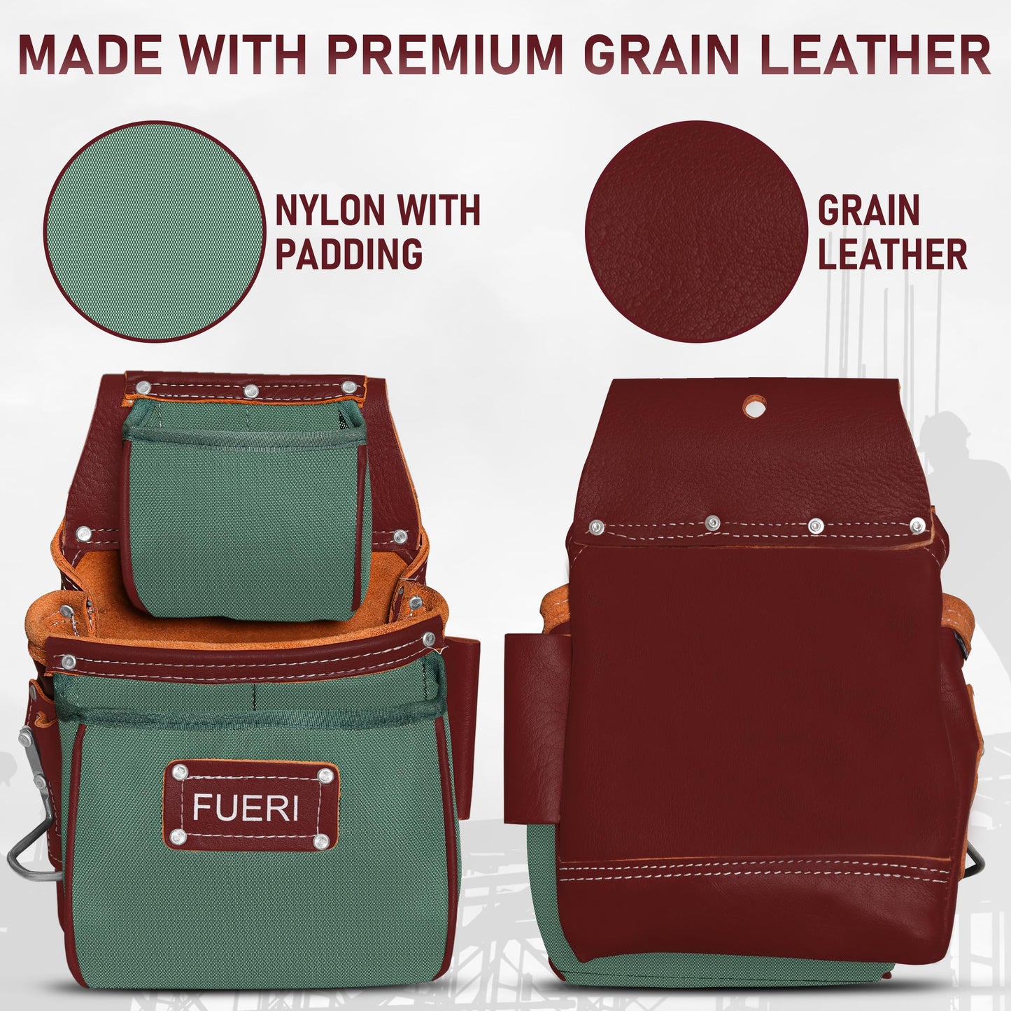 FUERI Electrician's Heavy Duty Tool Belt with Suspender, Made of Thick Leather and Durable Nylon, Comes with Adjustable Padded Tool Belt, Storage Capacity Tool Pouches, Hammer Holder, And Loops.