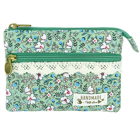 GUXL Women Small Zipper Coin Purse, Handmade Fabric Flower Embroidered Change Pouch, Cotton Double Zipper Wallet