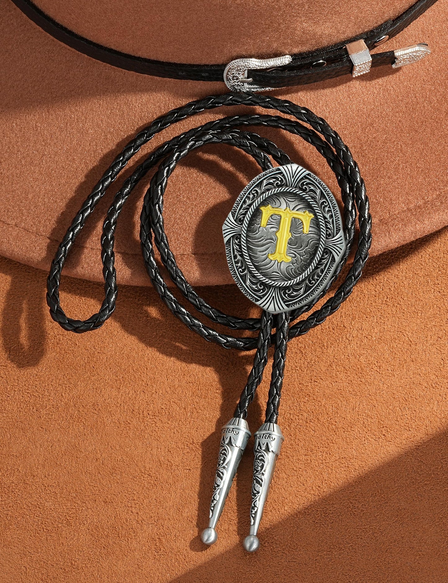 HUABOLA CALYN Vintage Bolo tie for Men Western Cowboy Native American Initial Letter ABCDJMR to Z Costume Bolo ties for Women (T)