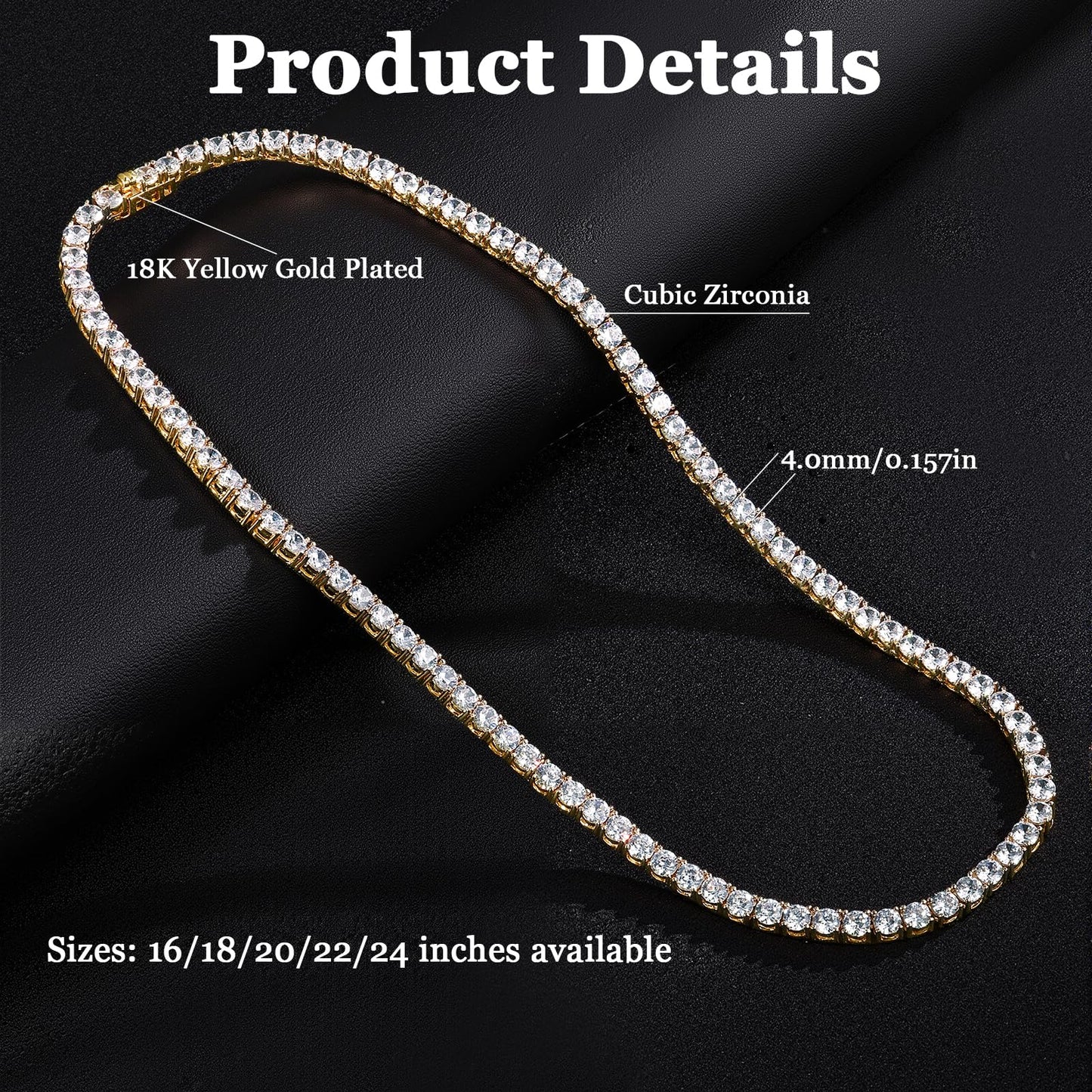 4mm Yellow Gold Tennis Neklace, GMESME 18K Gold Plated 4.0mm Cubic Zirconia Classic Tennis Necklace 16 Inch