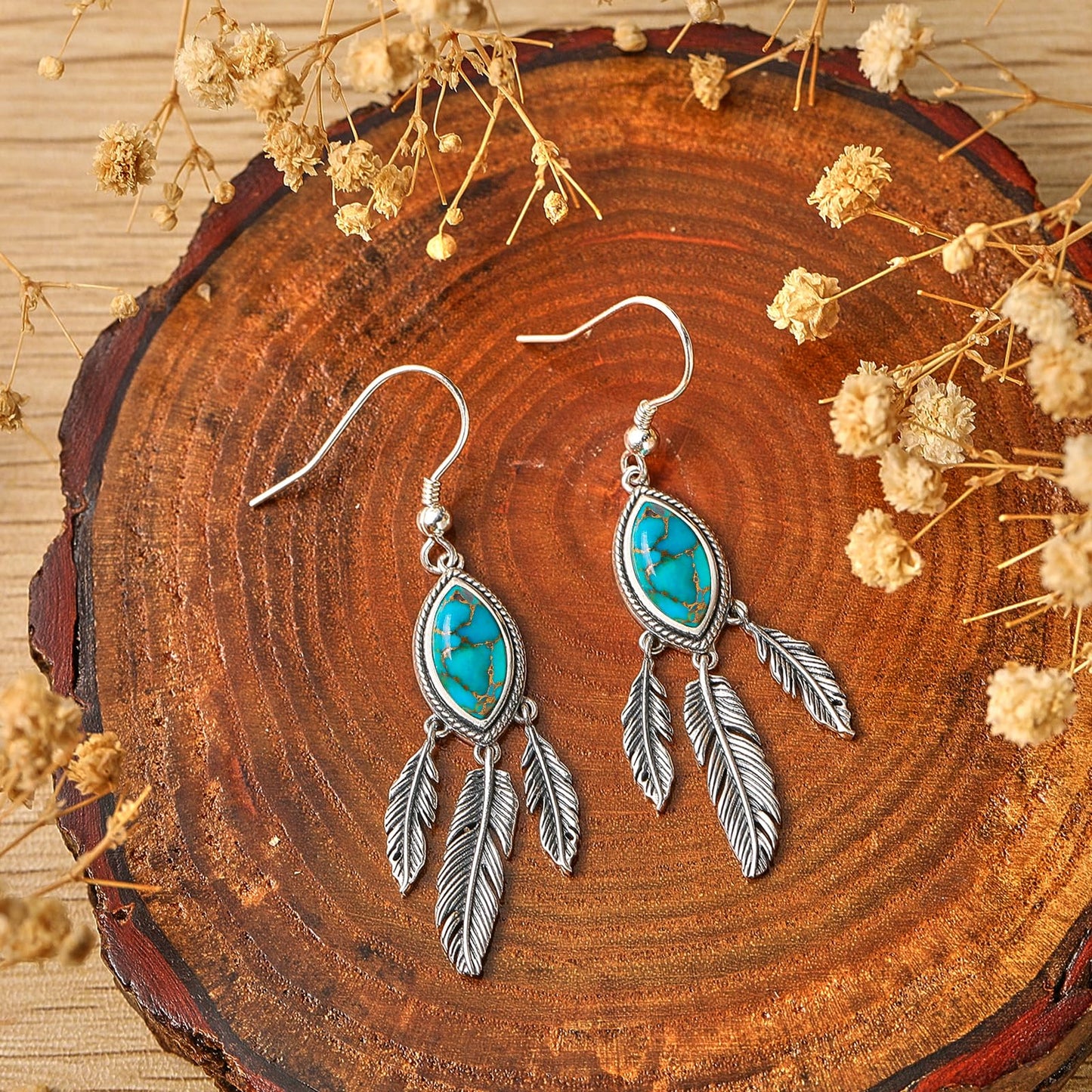 AVECON Genuine Teal Turquoise Feather Dangle Earrings for Women, 925 Sterling Silver Mohave Pierced Drop Earring with Hook and Leaf, Boho Western Country Native American Jewelry for Cowgirl & Cowboy