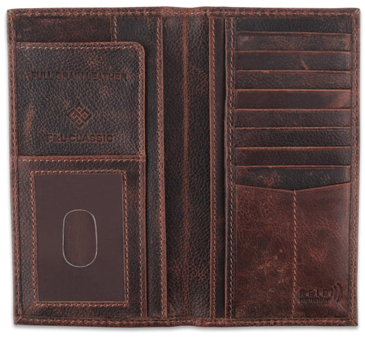 F&L CLASSIC Men's RFID Vintage Look Genuine Leather Long Bifold Wallet Checkbook Wallets,hard wax crunch,240-52