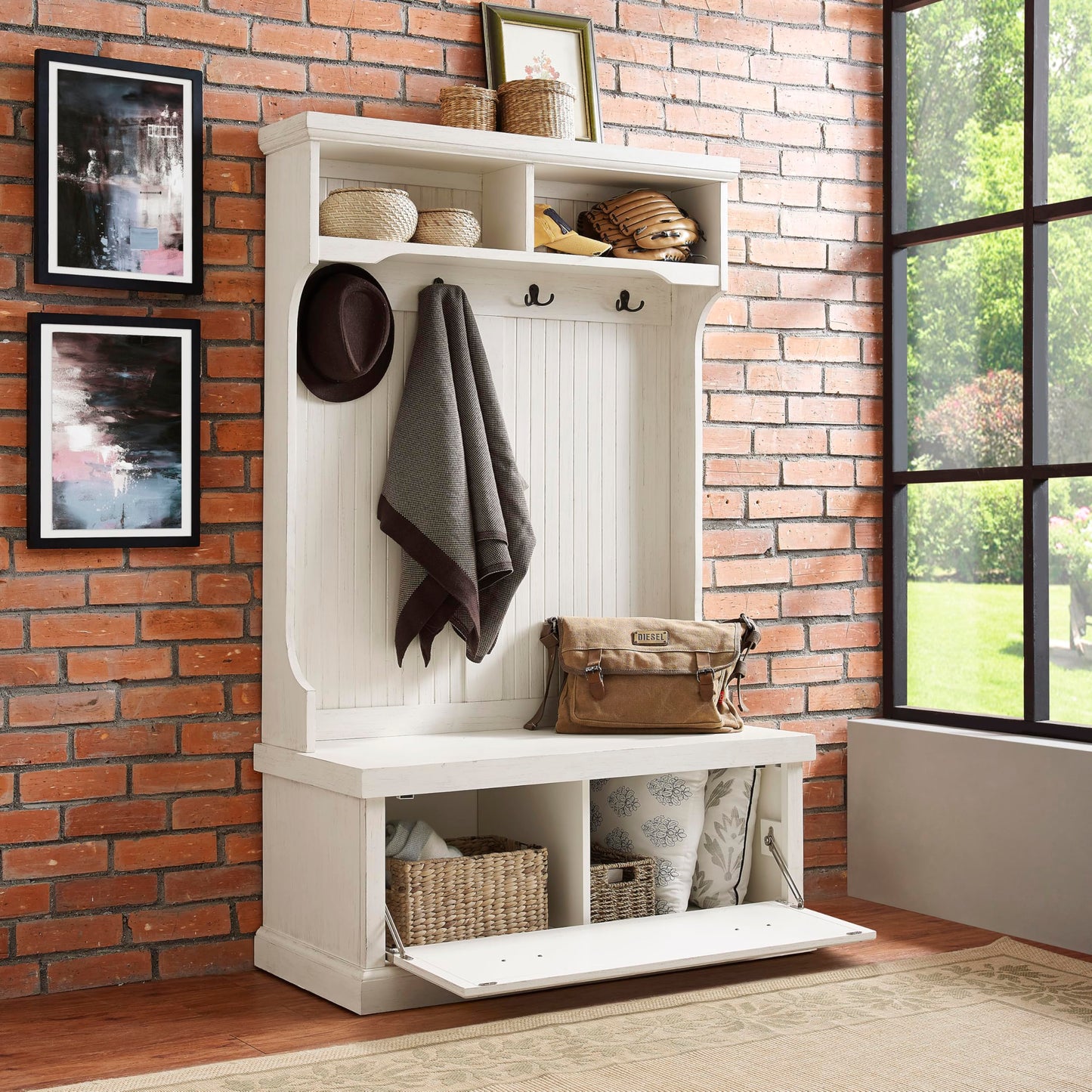 Crosley Furniture Seaside Hall Tree with Shoe Rack Bench and Coat Hooks for Hanging Storage, Distressed White