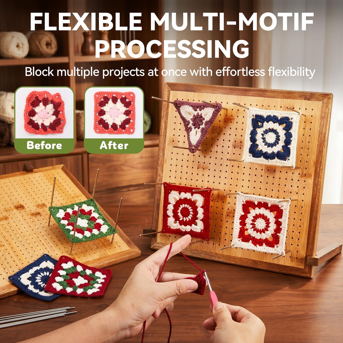 13" Crochet Blocking Board with 25 Pegs(Pins) & Felt Bag, Granny Square Blocking Board for Crochet Projects, Adjustable Bamboo Wood Board for Crocheting & Knitting, Gift for Crocheter