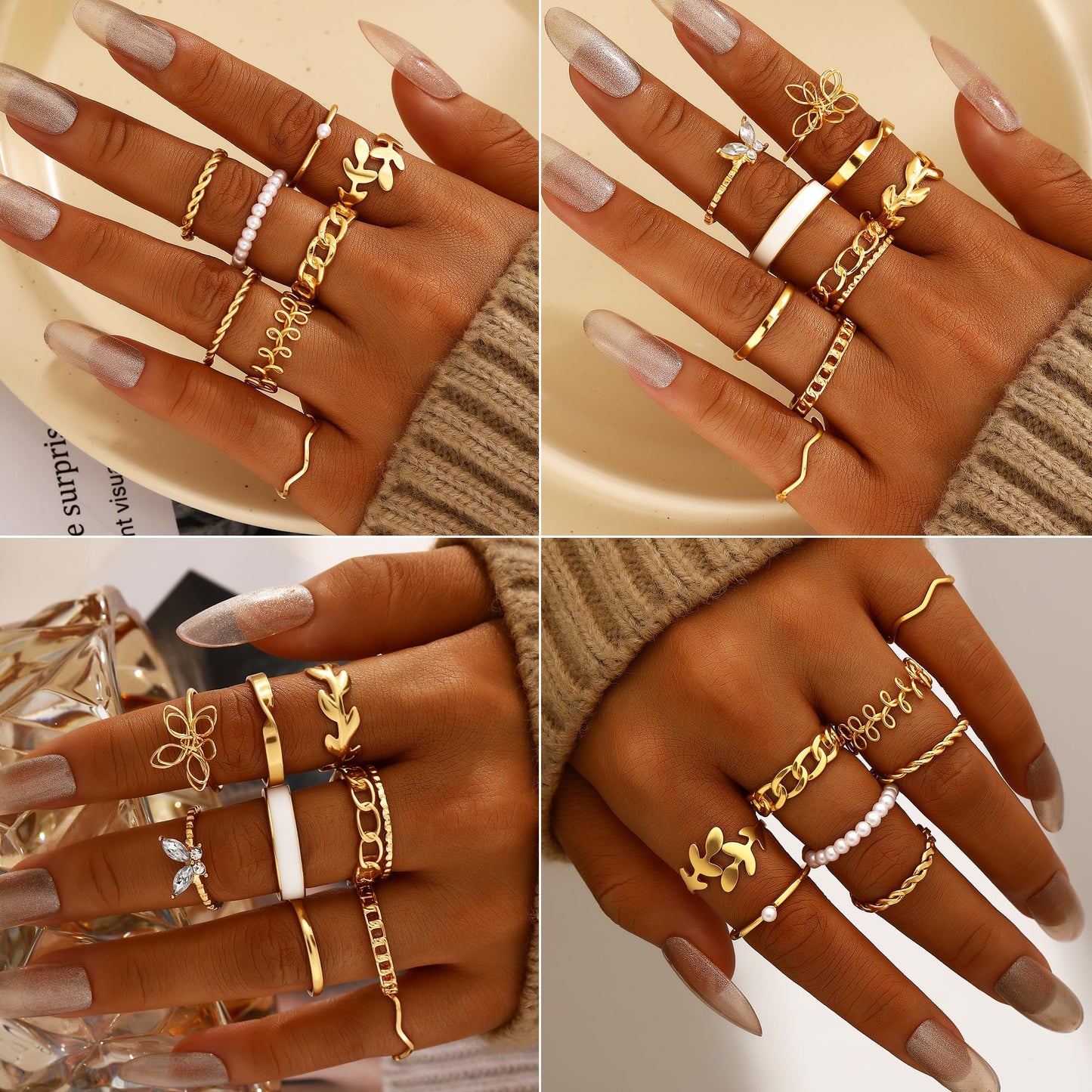 FAXHION 68 Pcs Gold Jewelry Set for Women with 7 Necklace, 17 Bracelet, 5 Hoop Earrings, 15 Stud Earrings, 24 Knuckle Rings for Women Jewelry Set for Women