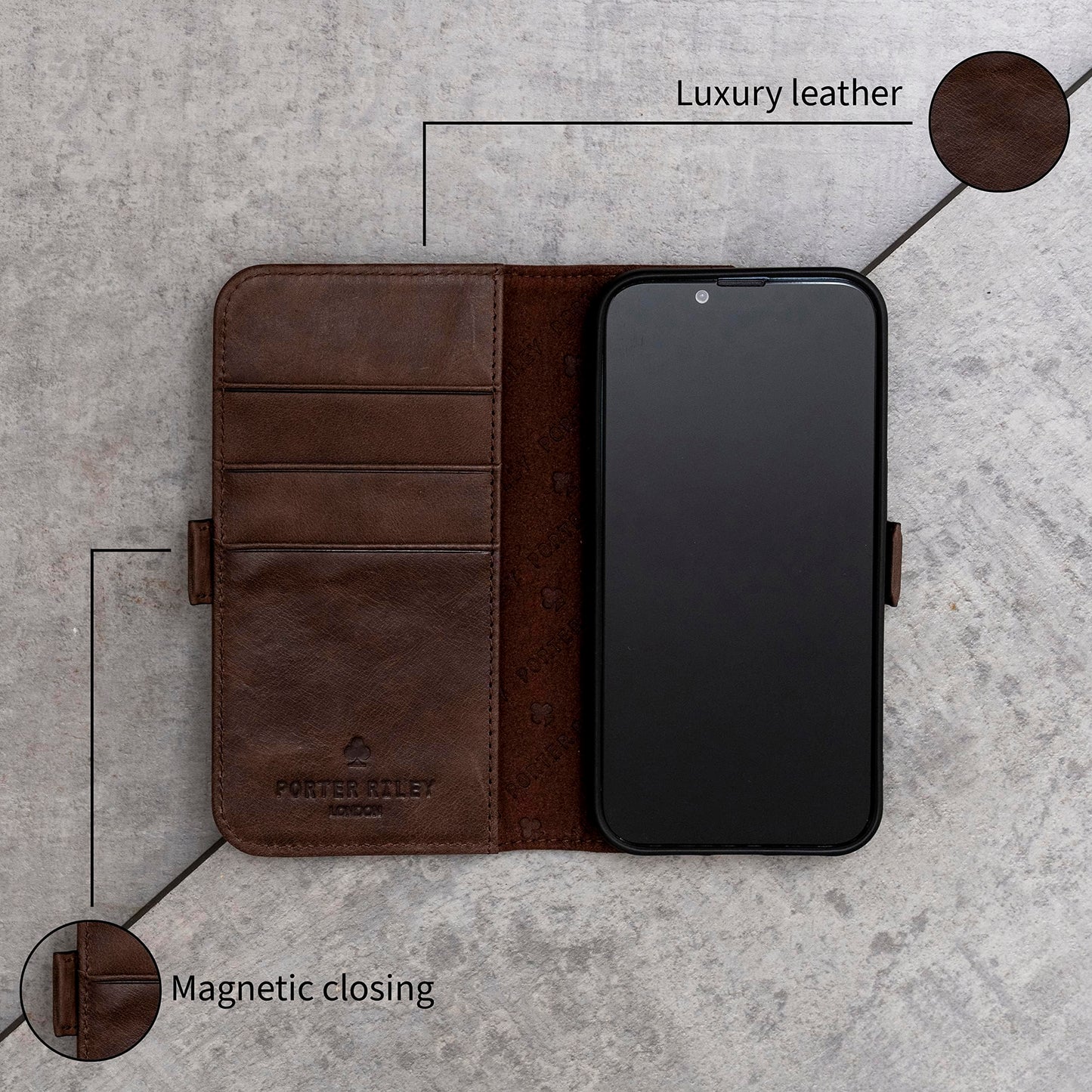 Porter Riley - Leather Case Compatible with iPhone 17 Pro Max. Premium Genuine Leather Stand/Cover/Wallet/Flip Case with Card Slots & Horizontal Stand (Chocolate Brown)