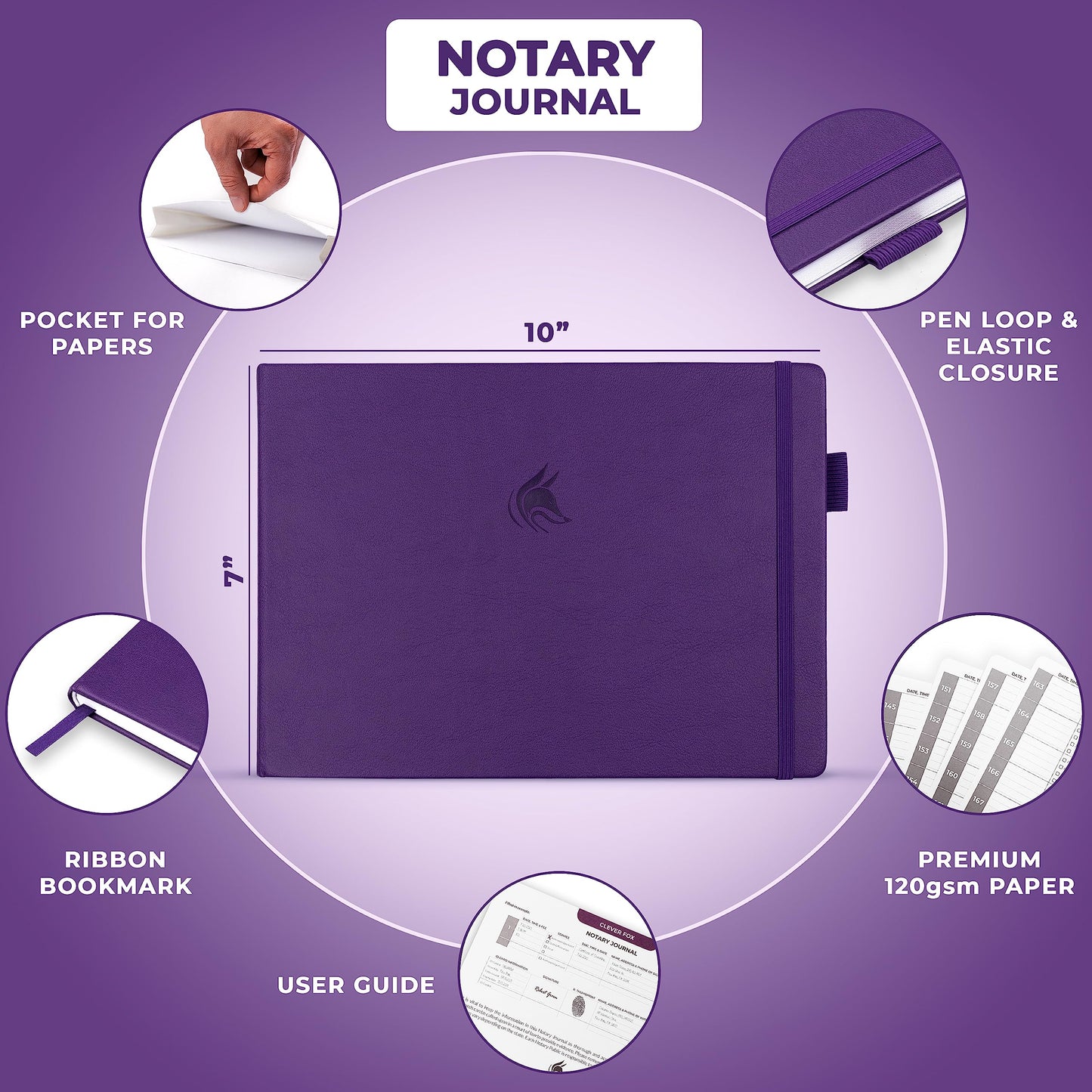 Clever Fox Notary Journal – Horizontal Notary Public Journal of Notarial Acts – Hardcover Notary Log Book – Notary Supplies – 378 Record Entries, Numbered Pages, Hardcover, 10”x7” (Purple)