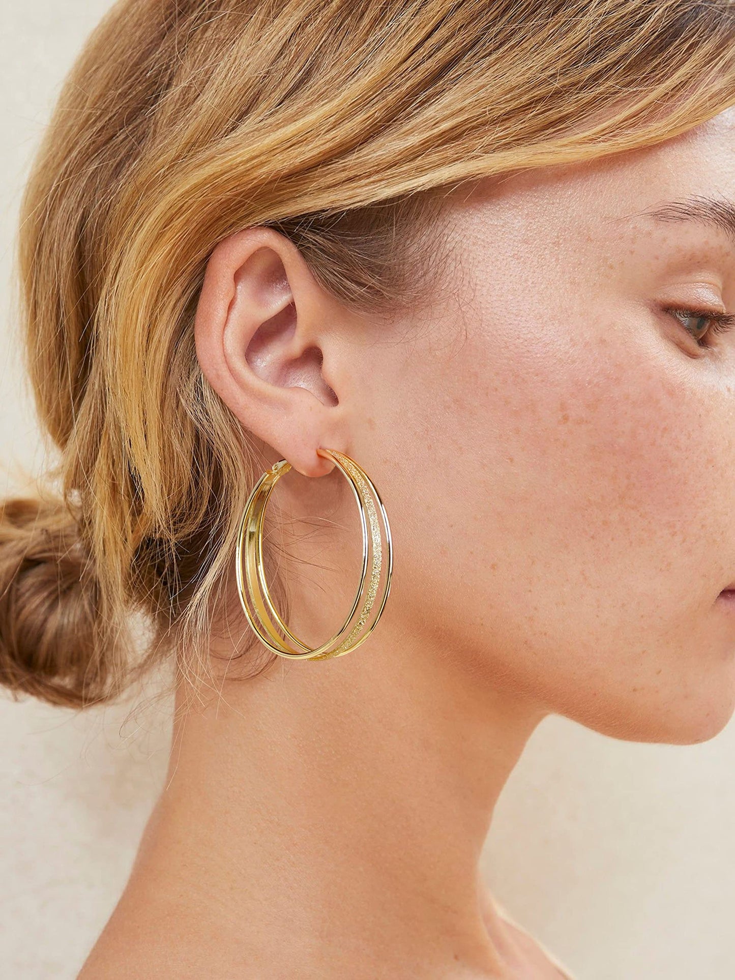 GLOQUAT 14K Gold Plated Large Hoop Earrings for Women Fashion Big Gold Triple Hoops Earrings for One Ear Hole Lightweight and Hypoallergenic Chunky Chic Earring Jewelry Gifts 50mm