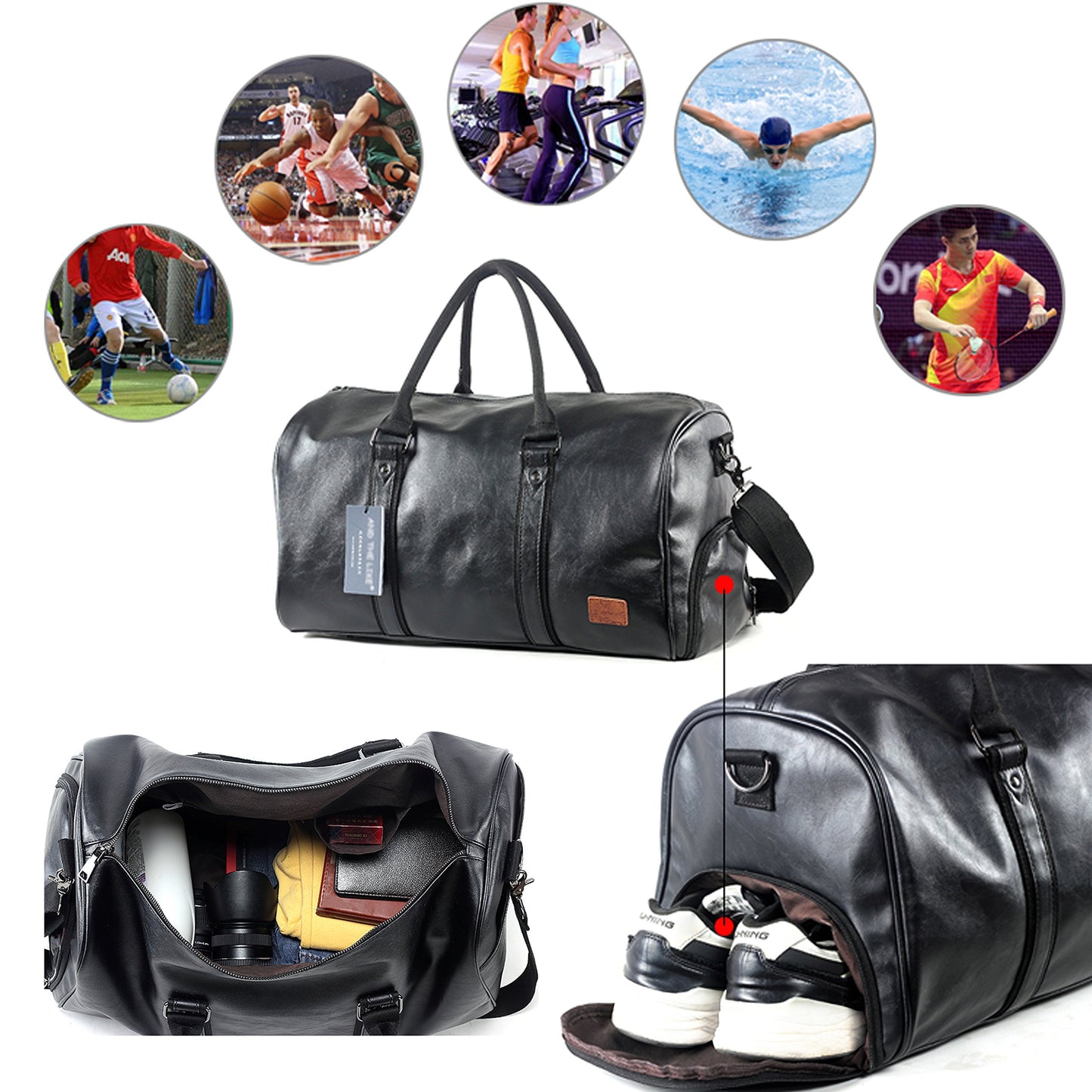 Leather Travel Bag with Shoe Pouch, Waterproof Weekender Overnight Bag, Carry On Duffel Bag for Men Women-Black