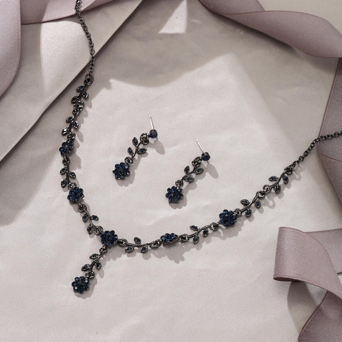 EVER FAITH Rhinestone Costume Jewelry for Prom Austrian Crystal Halloween Party Flower Necklace Earrings Set for Women Sapphire Blue Black-Tone