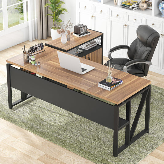 Tribesigns 63" Executive with Drawer Cabinet, L Shaped Desk and Lock lateral File Cabinet, 2 Piece Home Office Furniture Set with Drawers for Hanging File, (Brown, 63 inches)