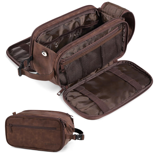 PAVILIA Toiletry Bag for Men, Hanging Travel Dopp Kit Organizer, PU Leather Water Resistant Bathroom Bag for Shaving Grooming, Large Capacity Cosmetic Bag Travel Essentials, Dark Brown