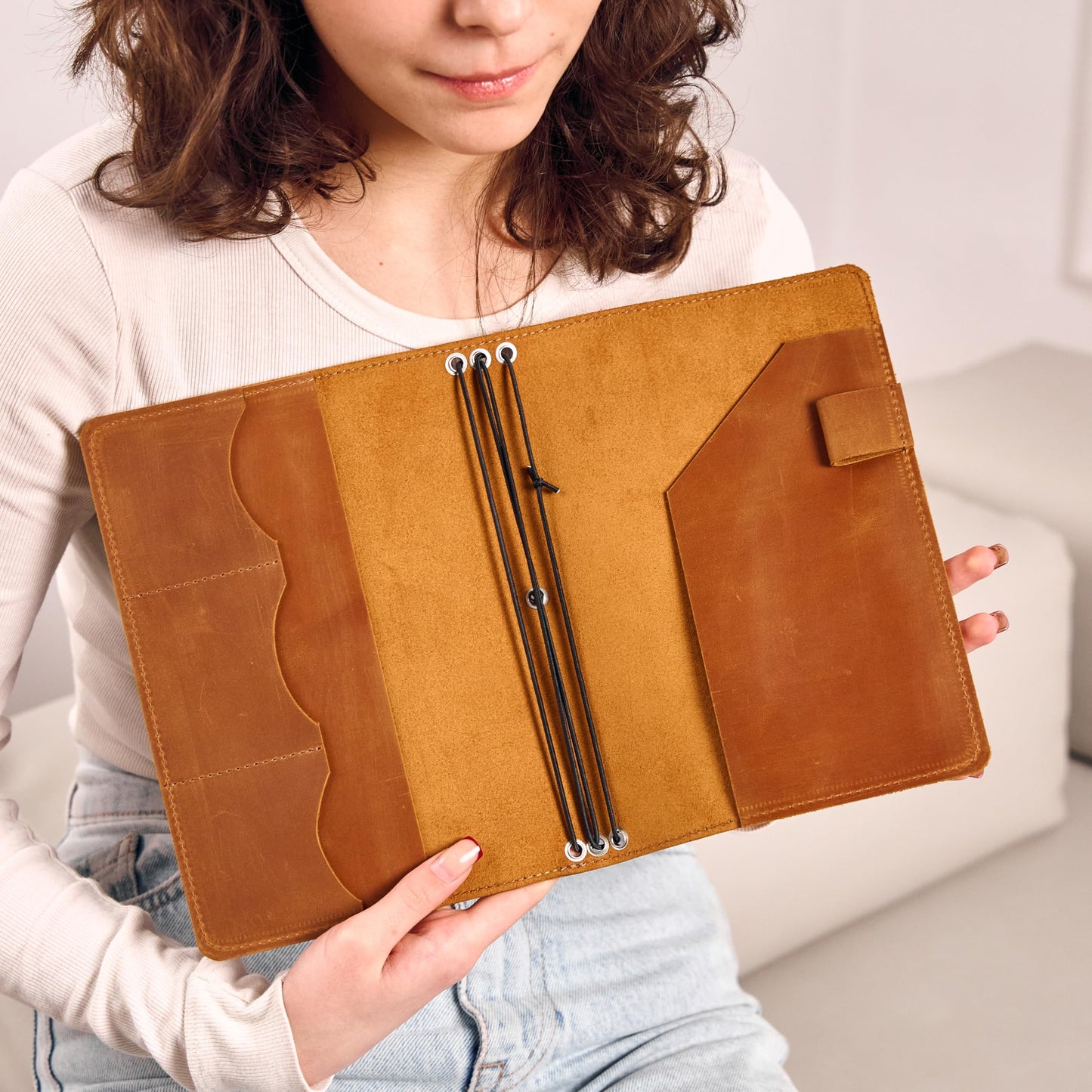TORAKIP Genuine Leather Journal Cover A5 – Refillable Notebook Organizer with 3 Elastic Bands, Card Slots, Pen Holder & Interior Pockets, Fits 5.8" x 8.3" Notebooks (Paper Not Included), Warm Brown