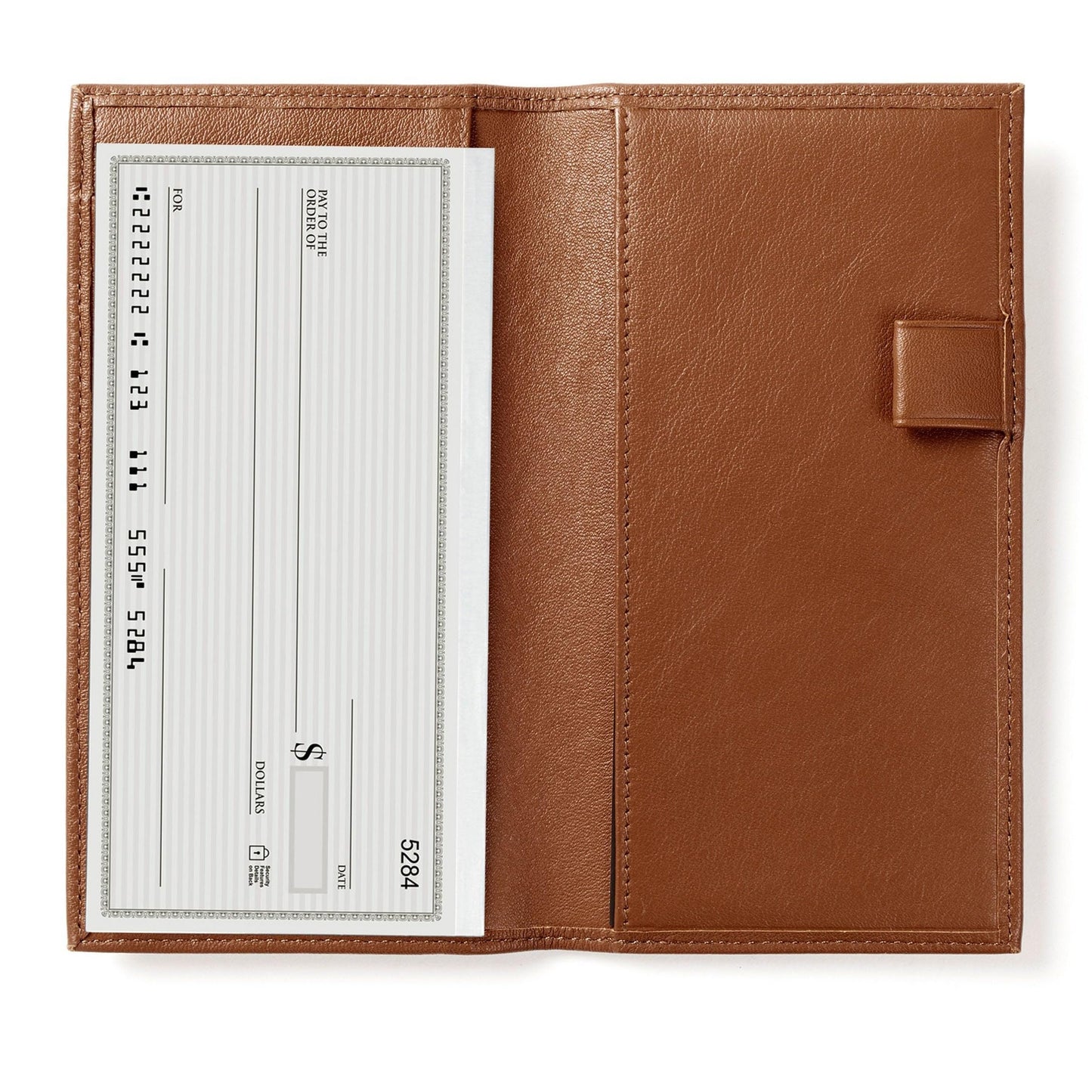 Leatherology Cognac Deluxe Leather Checkbook Cover with Clear Divider - Fits standard top or side tear checks, includes removable durable divider, expandable pen loop