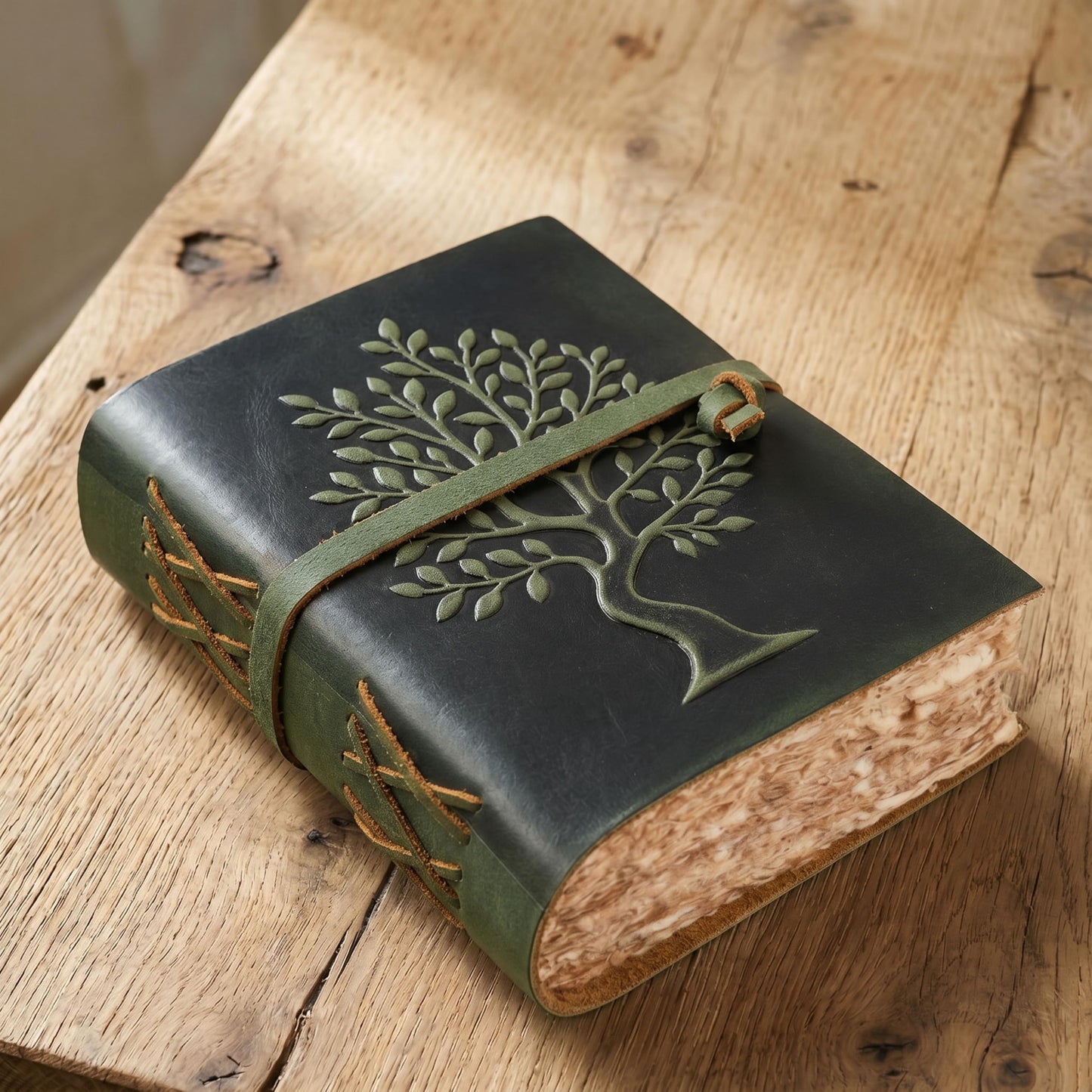 LEATHER VILLAGE Tree of Life Handmade Leather Bound Vintage Journal for Men & Women - 200 Pages Antique Deckle Edge Handmade Paper- Book of Shadow - Green - 6X4 Inches