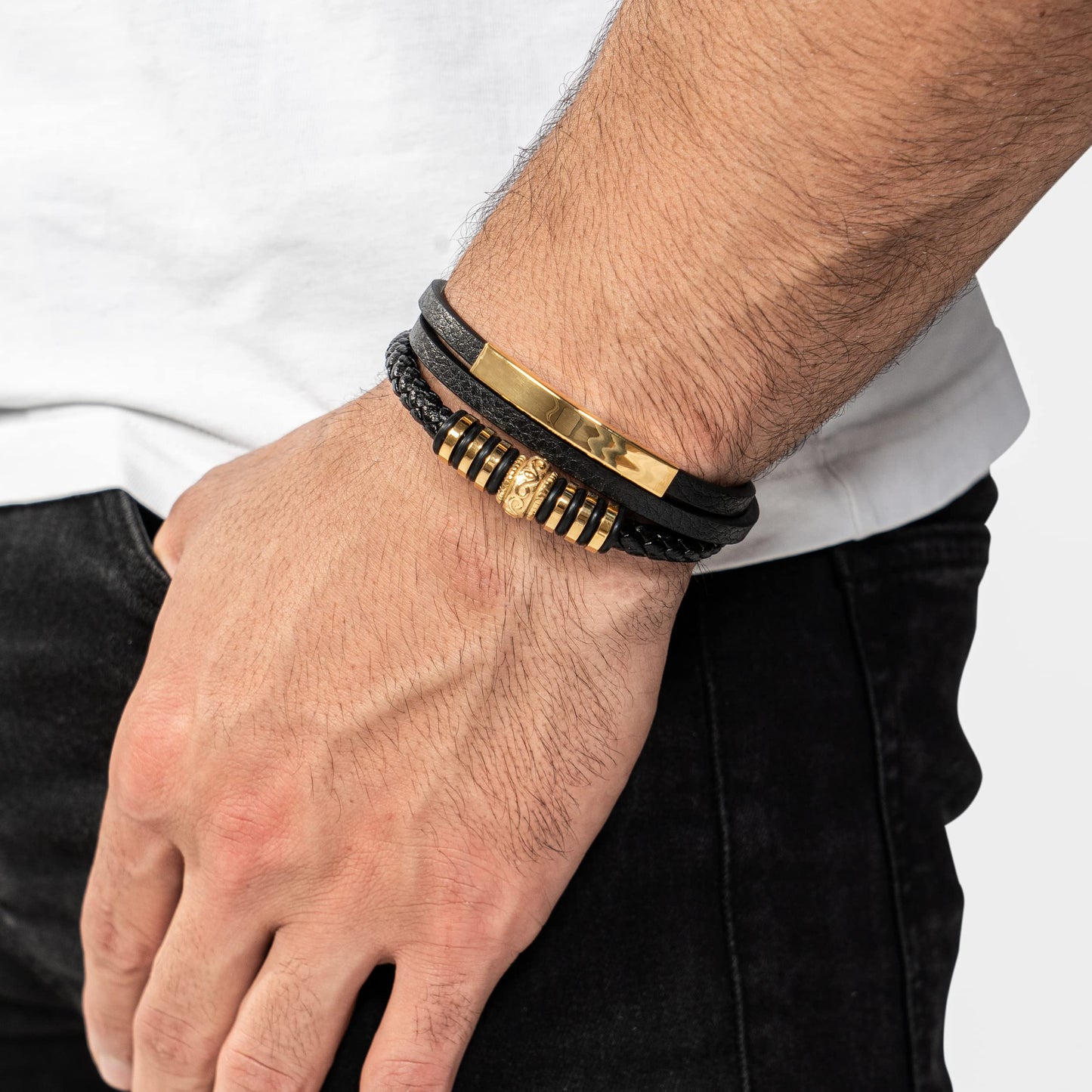 SERASAR Mens Bracelets Leather and Steel Gold Men Bracelet Cowhide Gift Box Braided Stainless Jewelry Wrist Band Cuff Wrap Rope Bangle Dad Man Pulseras para Hombres Cuero Regalo