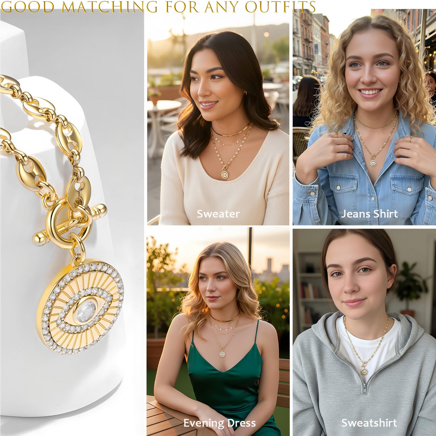 NUZON Round Evil Eye Pendant Necklace for Women 14K Gold Plated Coffee Bean Chain Coin Disk CZ Demon Eye Protection Charm Lucky Amulet Spiritual Jewelry Gift 18’’