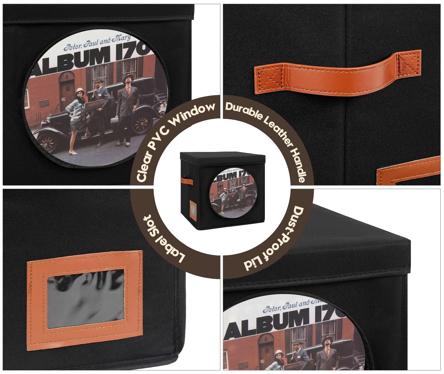 Qozary Vinyl Record Storage Box with Display Window for Album Covers, 2 Pack Record Organizer Crate with Lid, Collapsible LP Storage Box, Label Slot & Leather Handles, Holds Over 100 Vinyl Albums