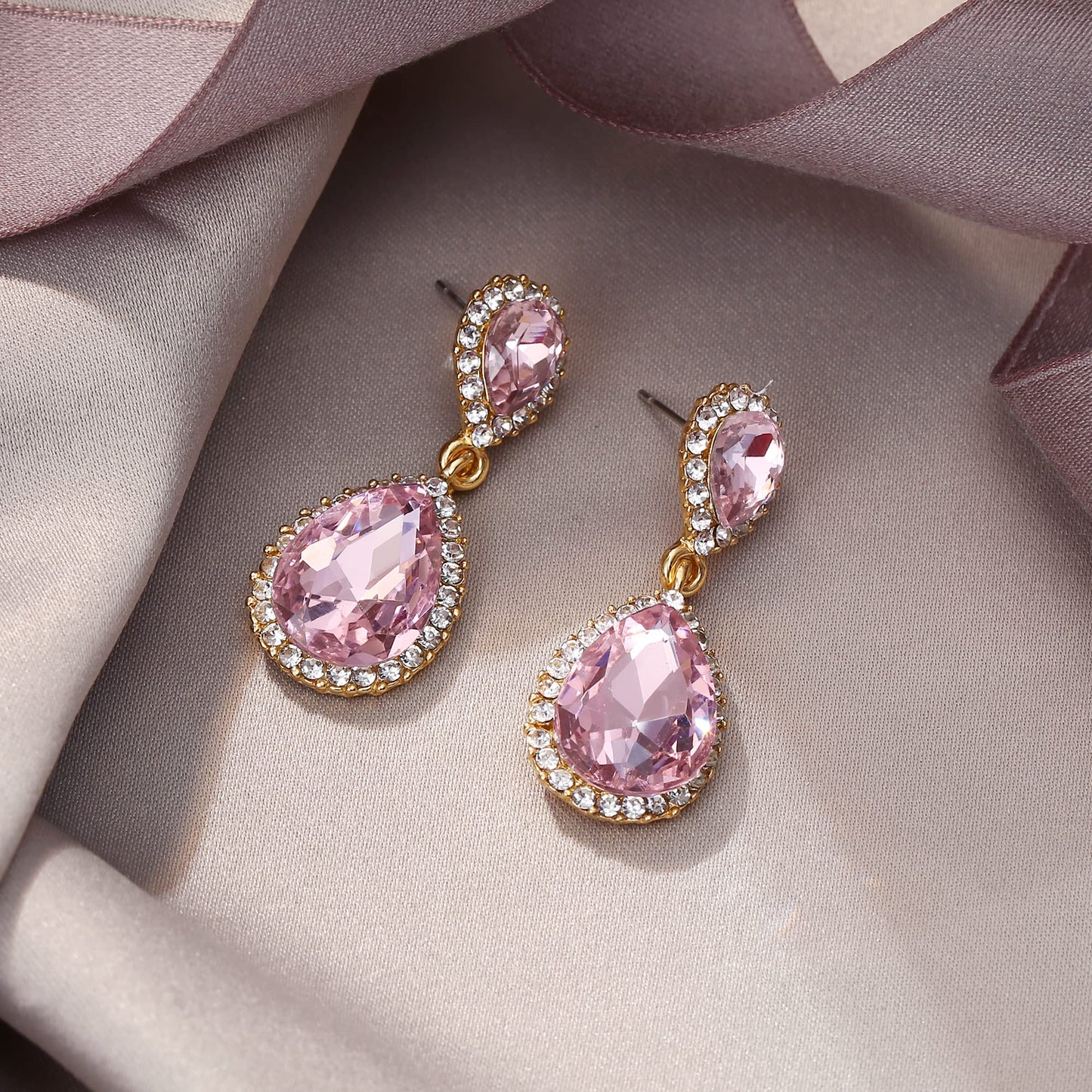 EVER FAITH Women's Austrian Crystal Dangle Earrings, Elegant Bridal Waterdrop Pierced Earrings Pink Gold-Plated-Base