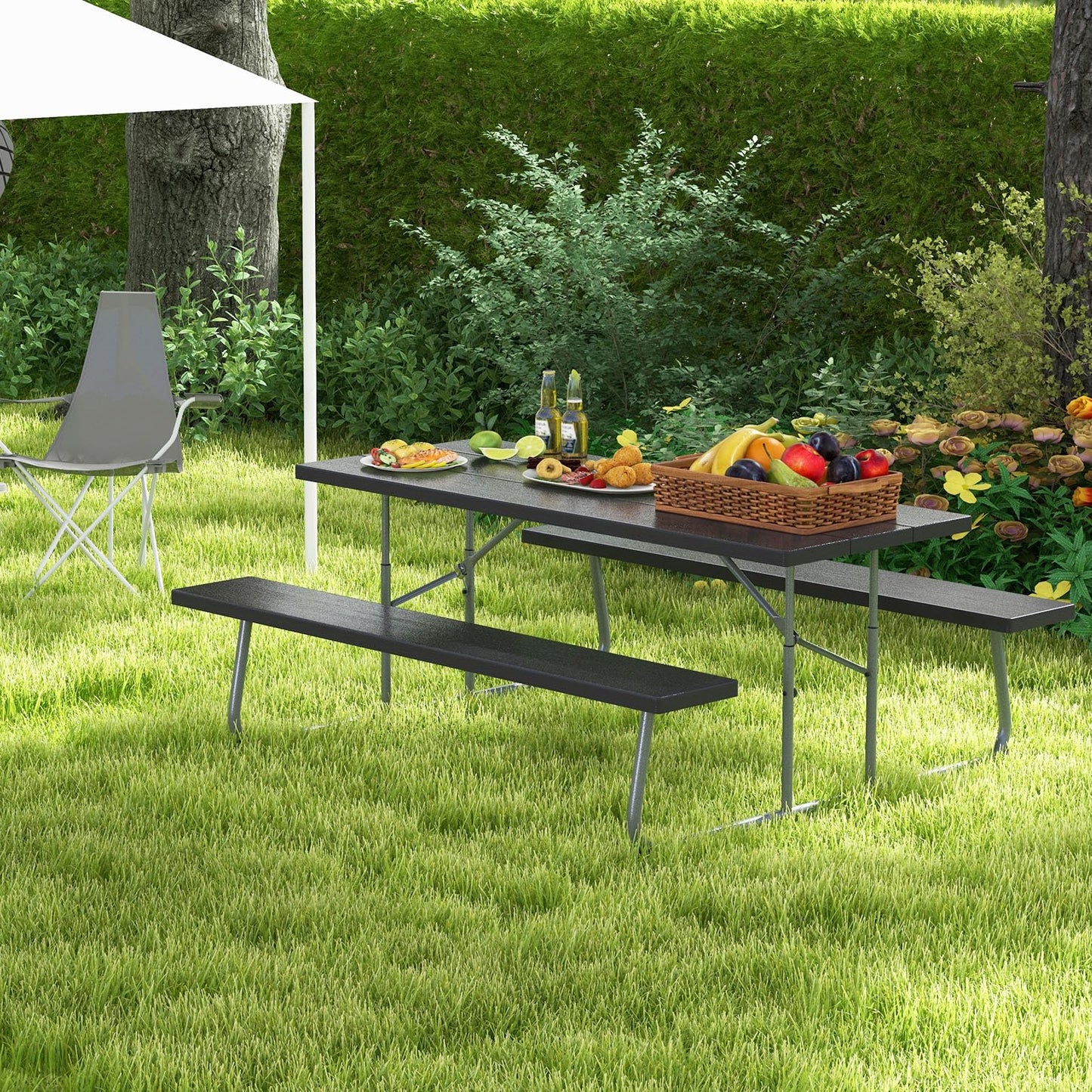 Tangkula 6 Ft Folding Picnic Table, Outdoor 8 Person Large Picnic Table Set with 2 Built-in Benches, Umbrella Hole, Metal Frame & HDPE Tabletop for Garden, Backyard (Black)