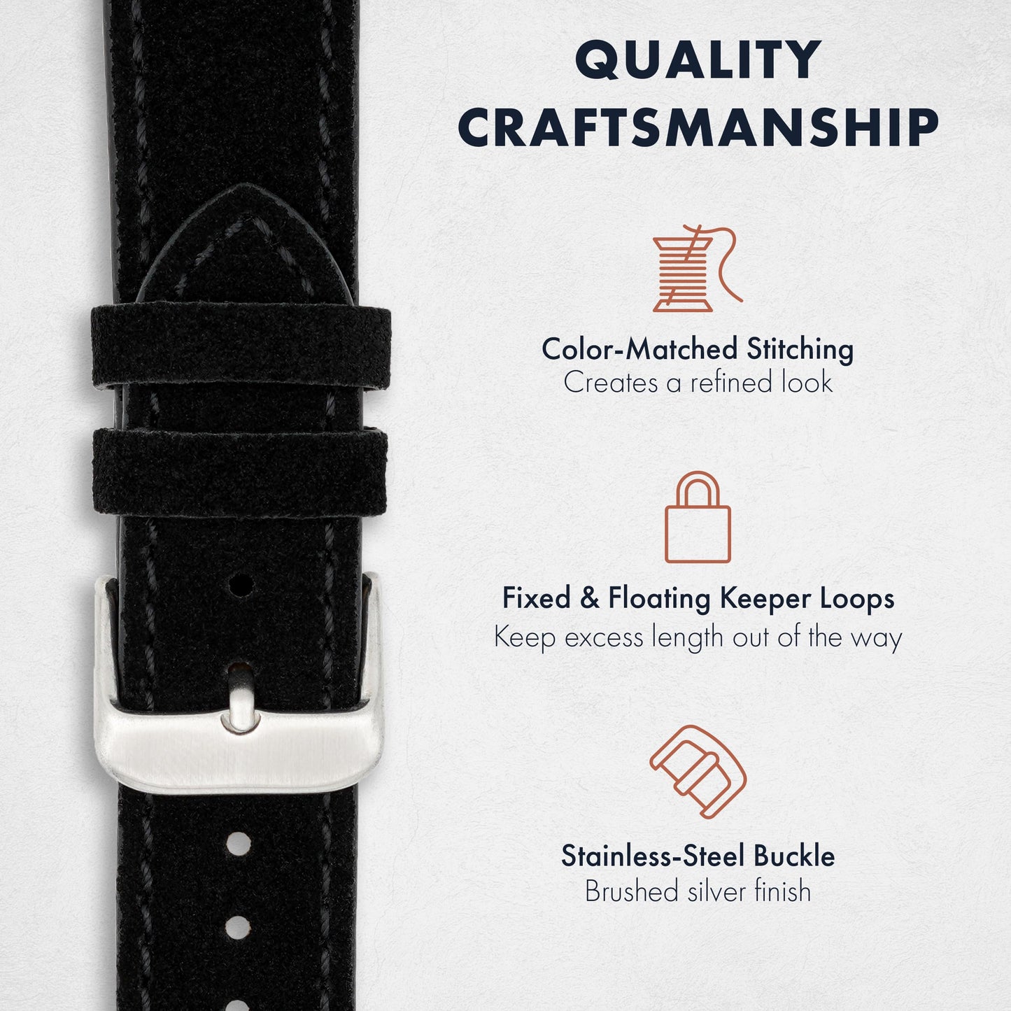 Benchmark Suede 18mm Leather Watch Band – 18mm Quick Release Watch Band with Stainless-Steel Buckle & 9 Adjustable Holes – Black Leather Watch Bands for Men & Women (18mm, Black)