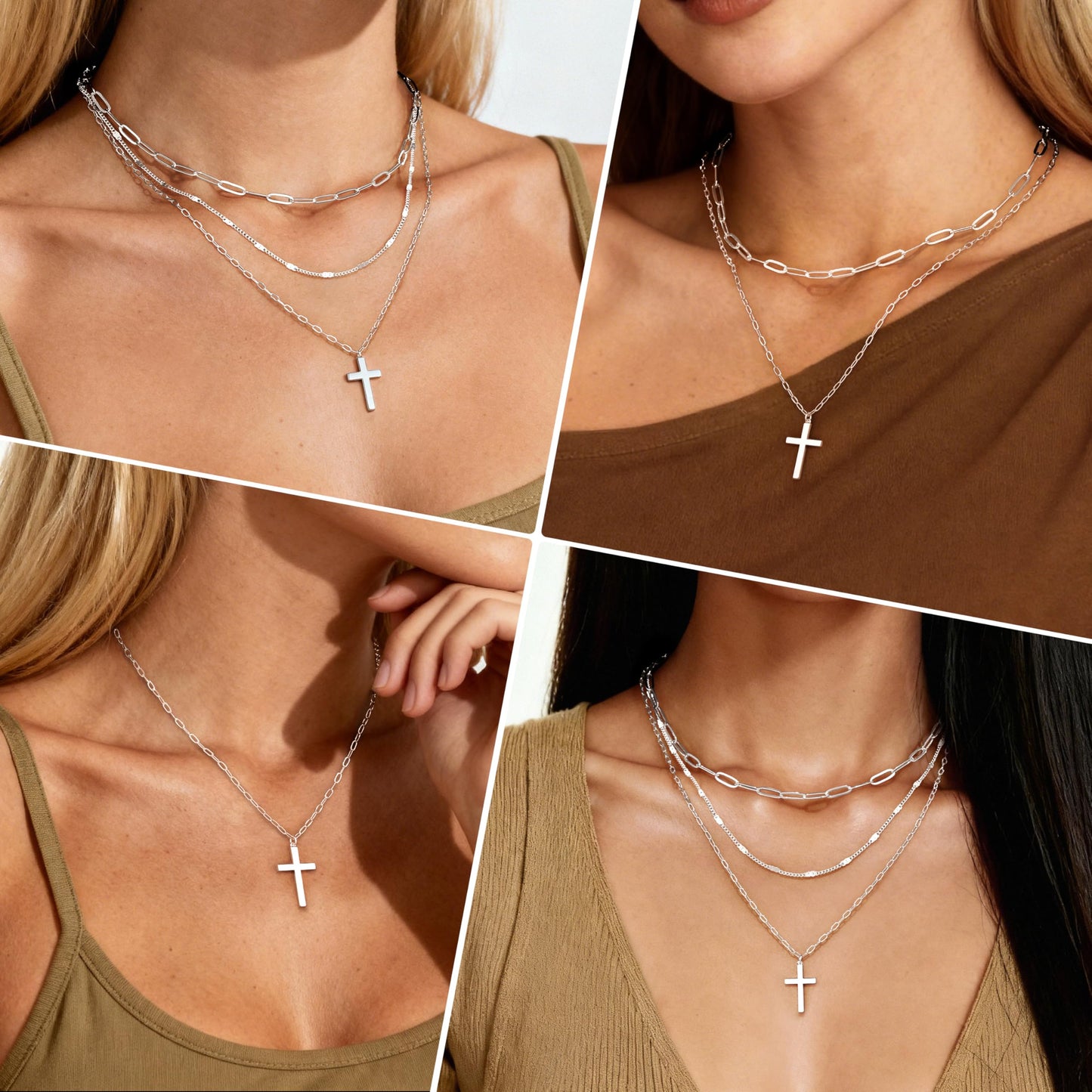 Layered Silver Cross Necklaces for Women, Silver Plated Dainty Stackable Choker Paperclip Necklaces for Women,Trendy Layering Cross Pendant Thin Dot Chain Necklace Set Jewelry Gifts for Women