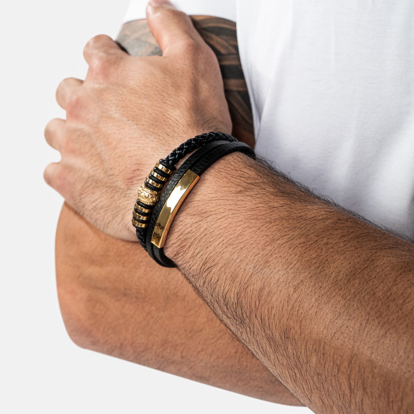 SERASAR Mens Bracelets 20cm Gold Gift Box Genuine Leather Cowhide Braided Adjust Able Magnetic Clasp Multi Layer Wrap Jewellery Rope Man Mans Male Band Jewelry Accessories