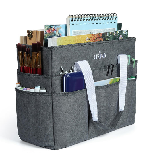 JJRING Craft Organizer Tote Bag, Large Art Storage Caddy with Multiple Pockets, Gray Sewing Bag for Art, Craft, Scrapbooking, School, Medical, and Office Supplies Storage