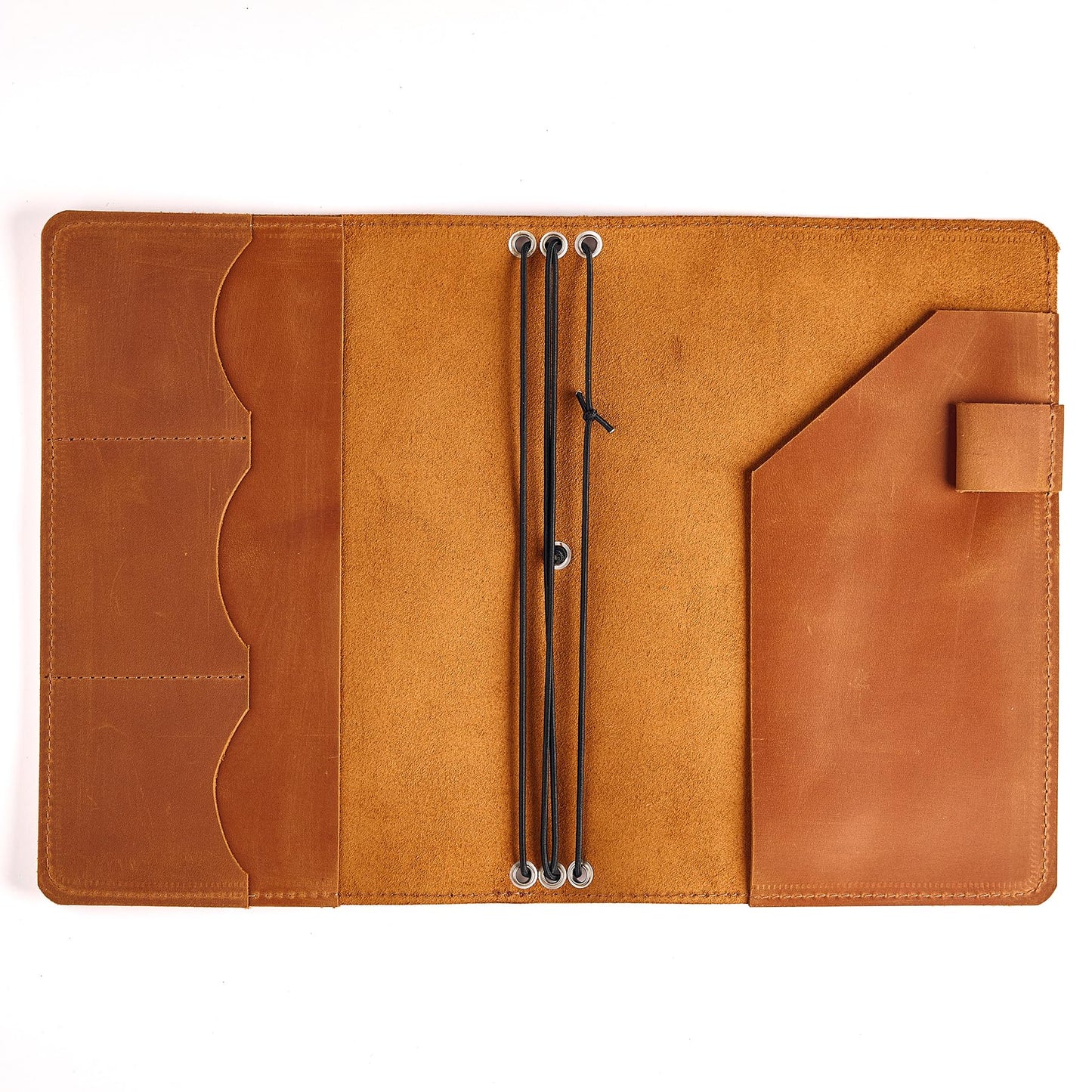 TORAKIP Genuine Leather Journal Cover A5 – Refillable Notebook Organizer with 3 Elastic Bands, Card Slots, Pen Holder & Interior Pockets, Fits 5.8" x 8.3" Notebooks (Paper Not Included), Warm Brown