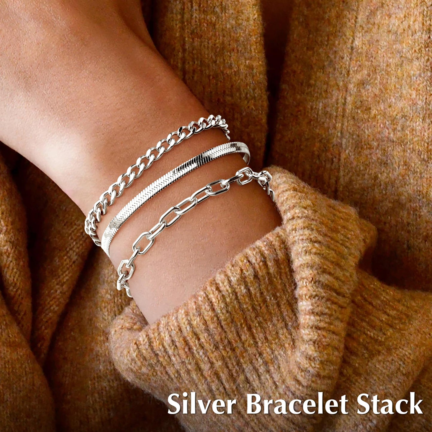 Silver Bracelets for Women Non Tarnish, Dainty Waterproof Silver Stackable Bracelet Set Stack With Beaded, Cuban, Paperclip, Snake, Rope, Silver Jewelry Gifts for Women Trendy
