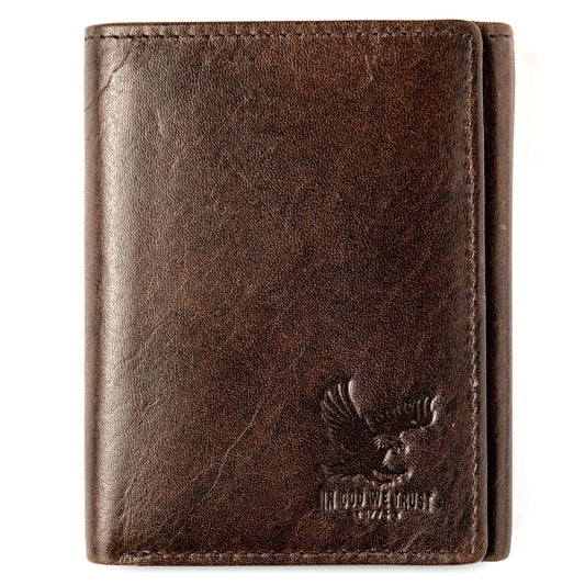 Freedom Leather RFID Trifold Wallet for Men with Smart Pocket for Air Tag or Other Tracking Devices and 2 ID Windows In Durable Top Grain Leather Ideal for Travel