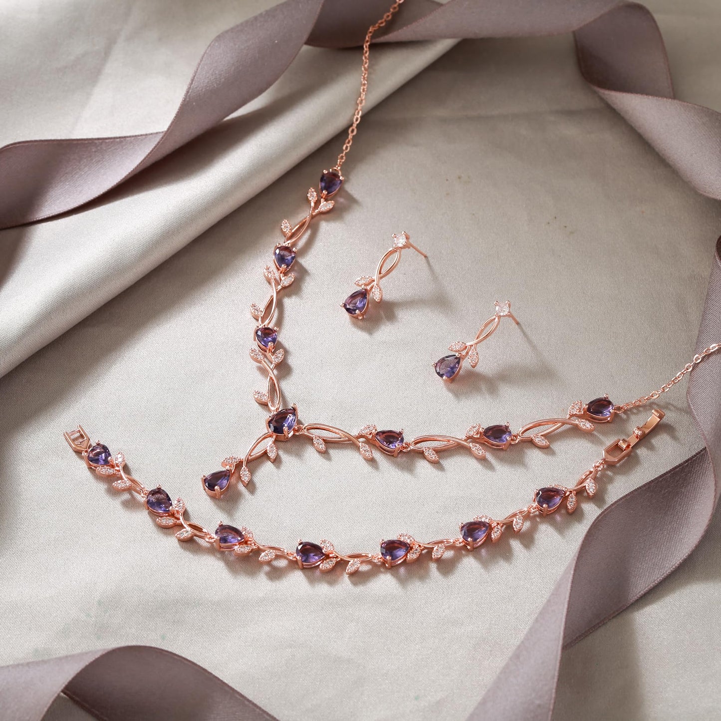 EVER FAITH Wedding Jewelry Set for Bride Bridesmaid, Purple Teardrop Cubic Zirconia Rose Gold-Plated-Brass Leaf Vine Bridal Prom Necklace Dangle Earrings Bracelet Sets for Women