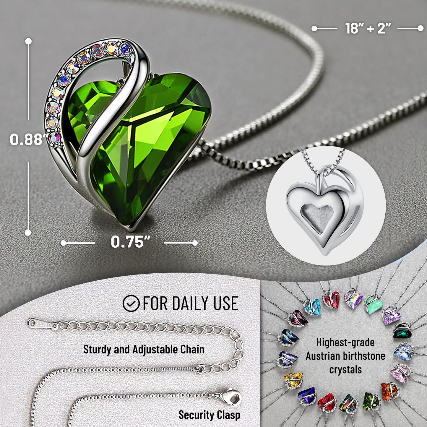 Leafael Mothers Day Gift Necklaces for Women, Infinity Love Birthstone Heart Pendant, Peridot Green Crystal for August, Birthday Jewelry for Her, Mom, and Wife, Silver Plated, 18" + 2" Chain