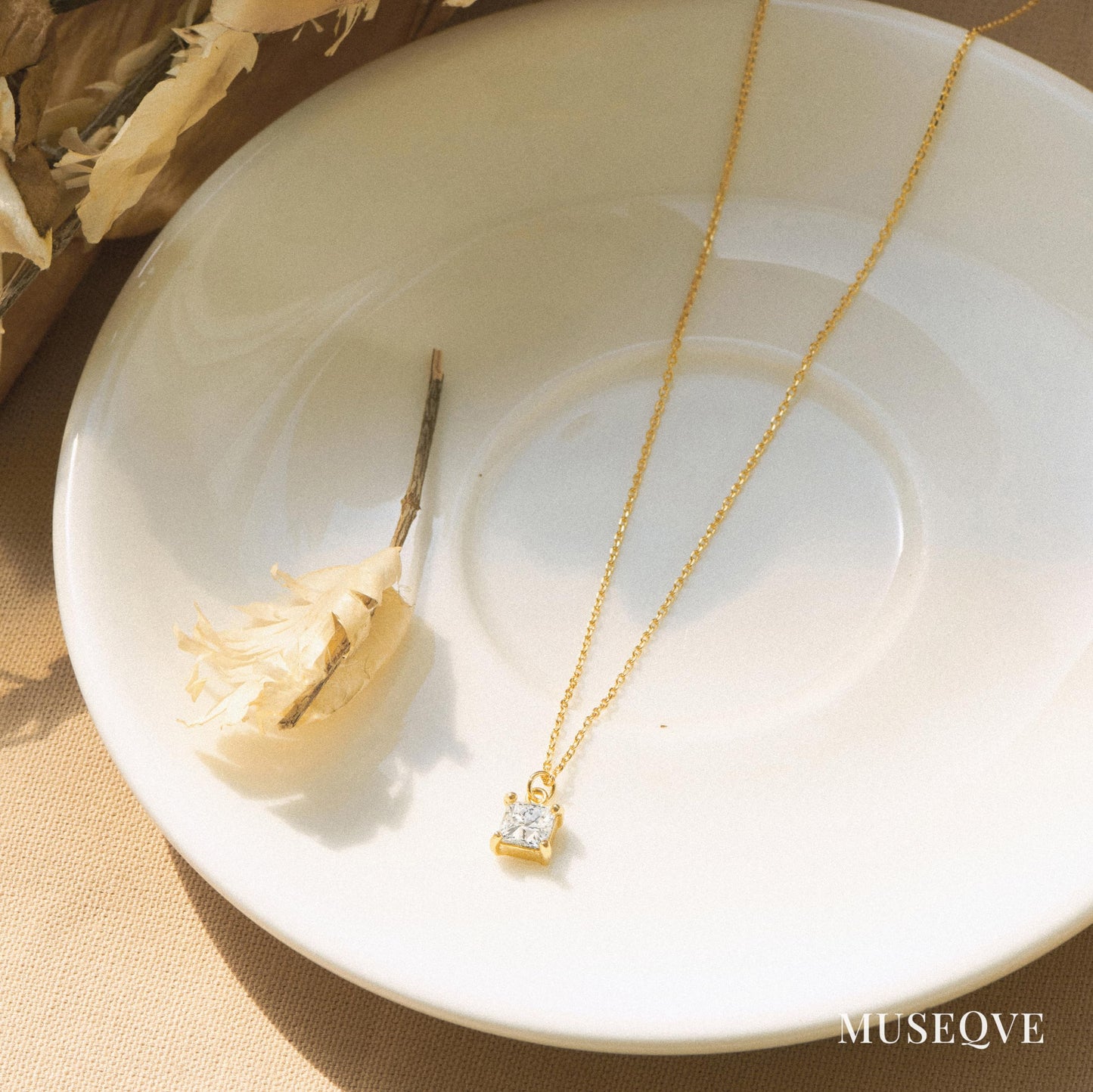 MUSEQVE 14K Gold Plated Solitaire Necklace for Women • Square CZ Diamond Princess Cut Cubic Zirconia Pendant Jewelry • Adjustable Chain Non Tarnish Bridesmaid Gifts [CZN-SQ-G]