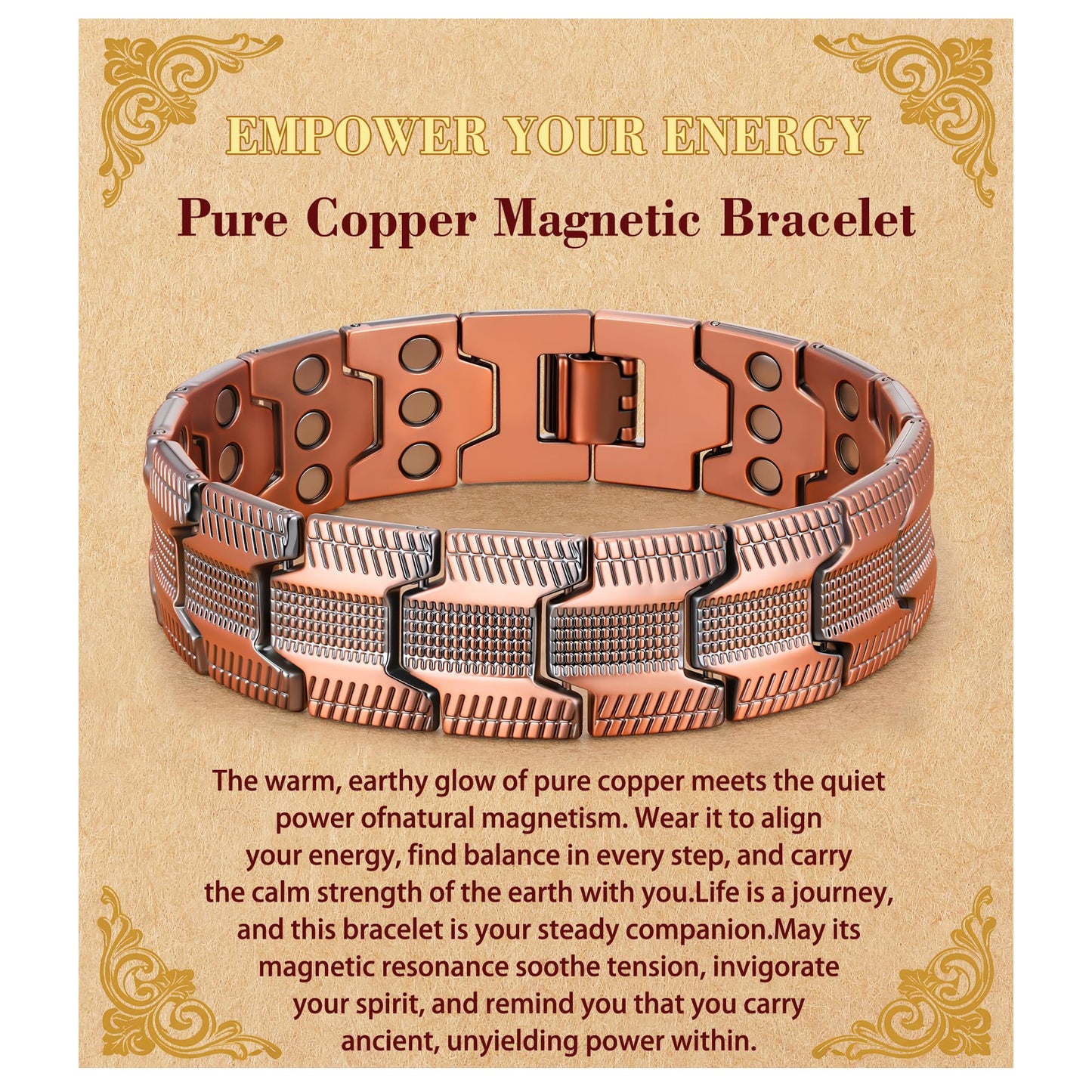HEYOLL Copper Bracelet for Men Pure Copper Magnetic Bracelets for Mens Adjustable Bracelet Birthday Gifts for Him Mens Jewelry Pulsera De Cobre Para Hombres