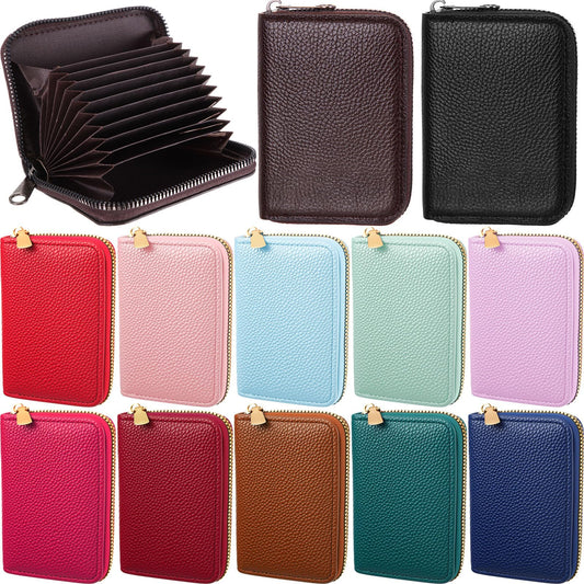Sanwuta 12 Pcs RFID Blocking PU Leather Wallet Zipper Credit Card Wallet Small Business Accordion Card Cases Holder ID Hard Case for Women Men, Multicolor, 11 Pockets (Stylish Colors)