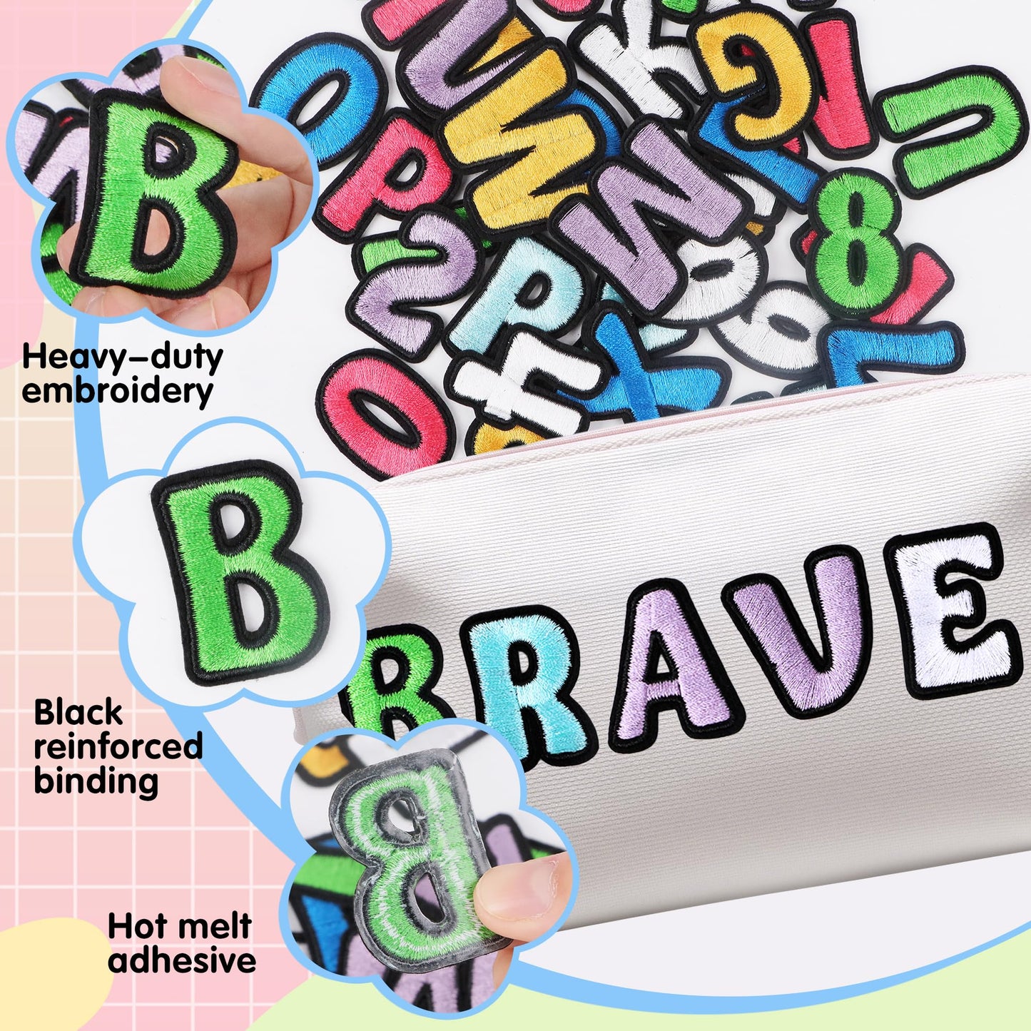 144PCS Iron On Letter Patches Iron On Letters for Clothing Fabric Backpacks Hat Jeans Jackets Shirts Bags Varsity Girls Boys, Applique Sew On Embroidered Letters Alphabet A-Z Number Patches 0-9