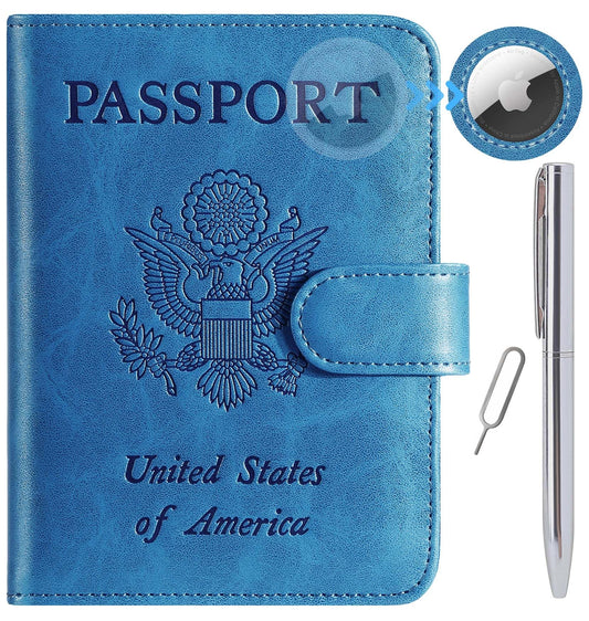 Airtag Passport Holder Cover Wallet RFID Blocking Leather Case Travel Essentials Luggage Accessories Travel Must Have(118#Blue)