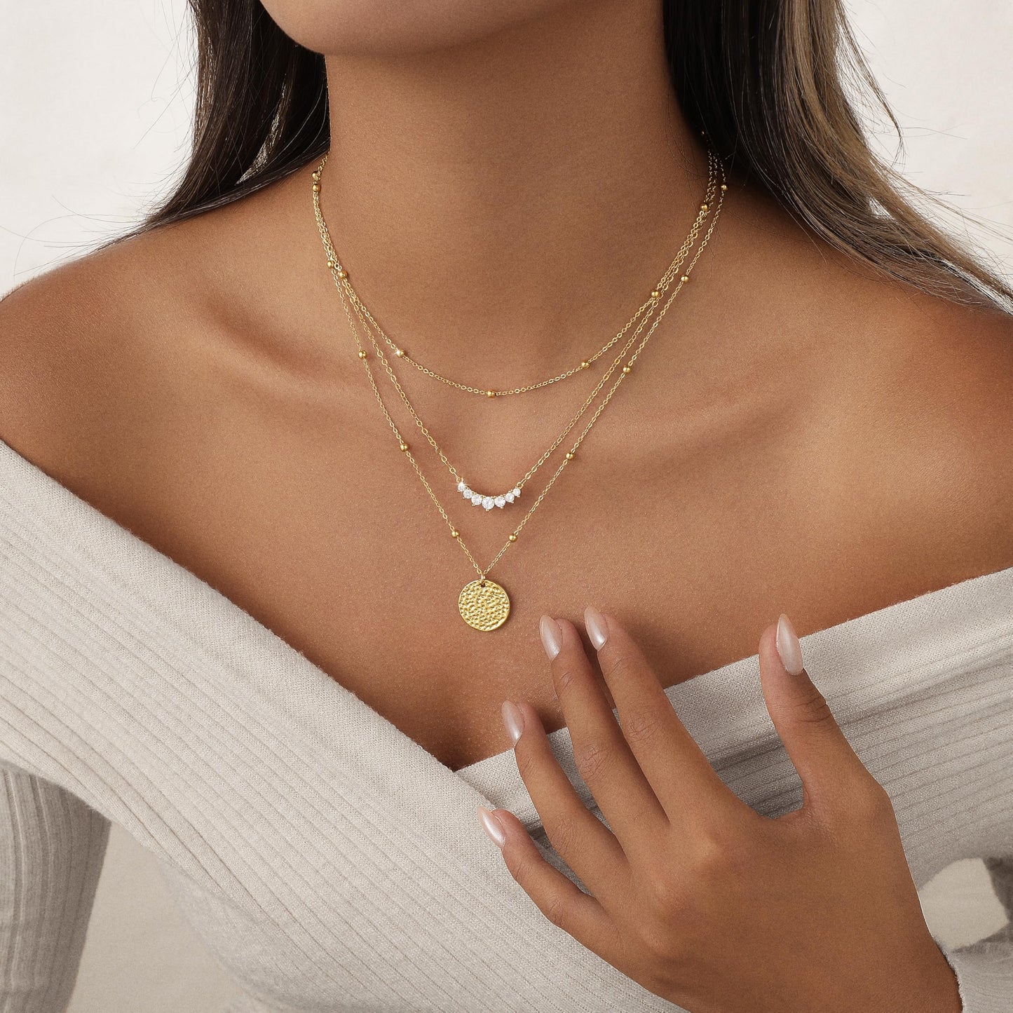 Hothrty Layered Gold Necklaces for Women Trendy Dainty Necklace Stack Coin Simple Circle Cubic Zirconia Pendant Bead Necklaces Set Gold Necklace Jewelry for Women