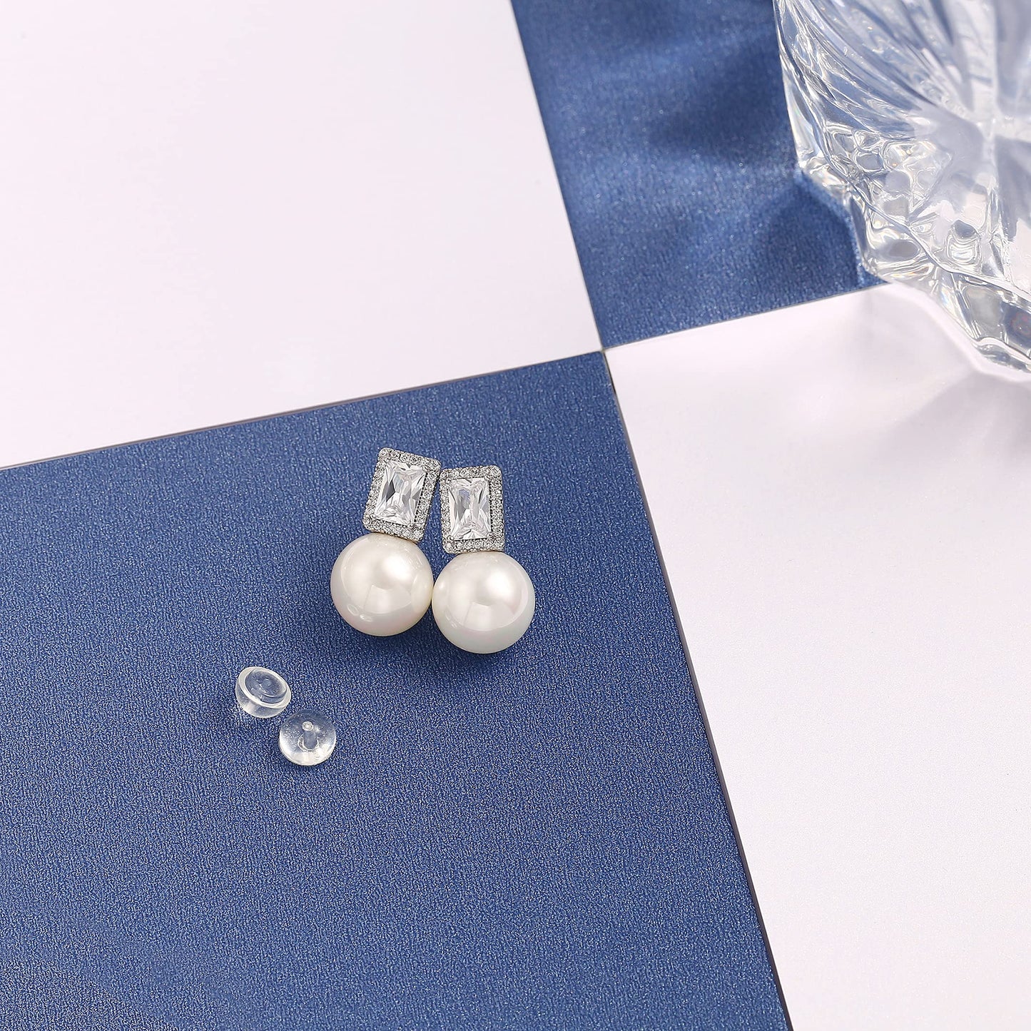 PEARLADA Silver Cubic Zirconia Halo Stud Earrings, Trendy Shell Pearl Earrings for Women, Emerald Cut Diamond Earrings, Dainty Wedding Jewelry